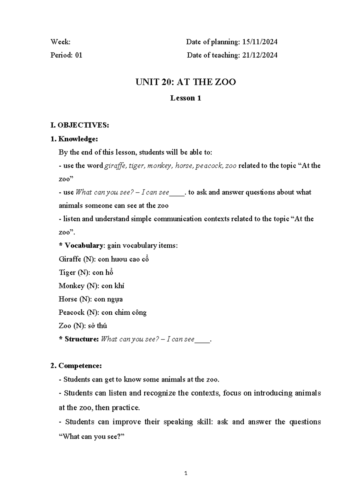 Unit 20: At the Zoo - Lesson 1 Teaching Plan - Studocu