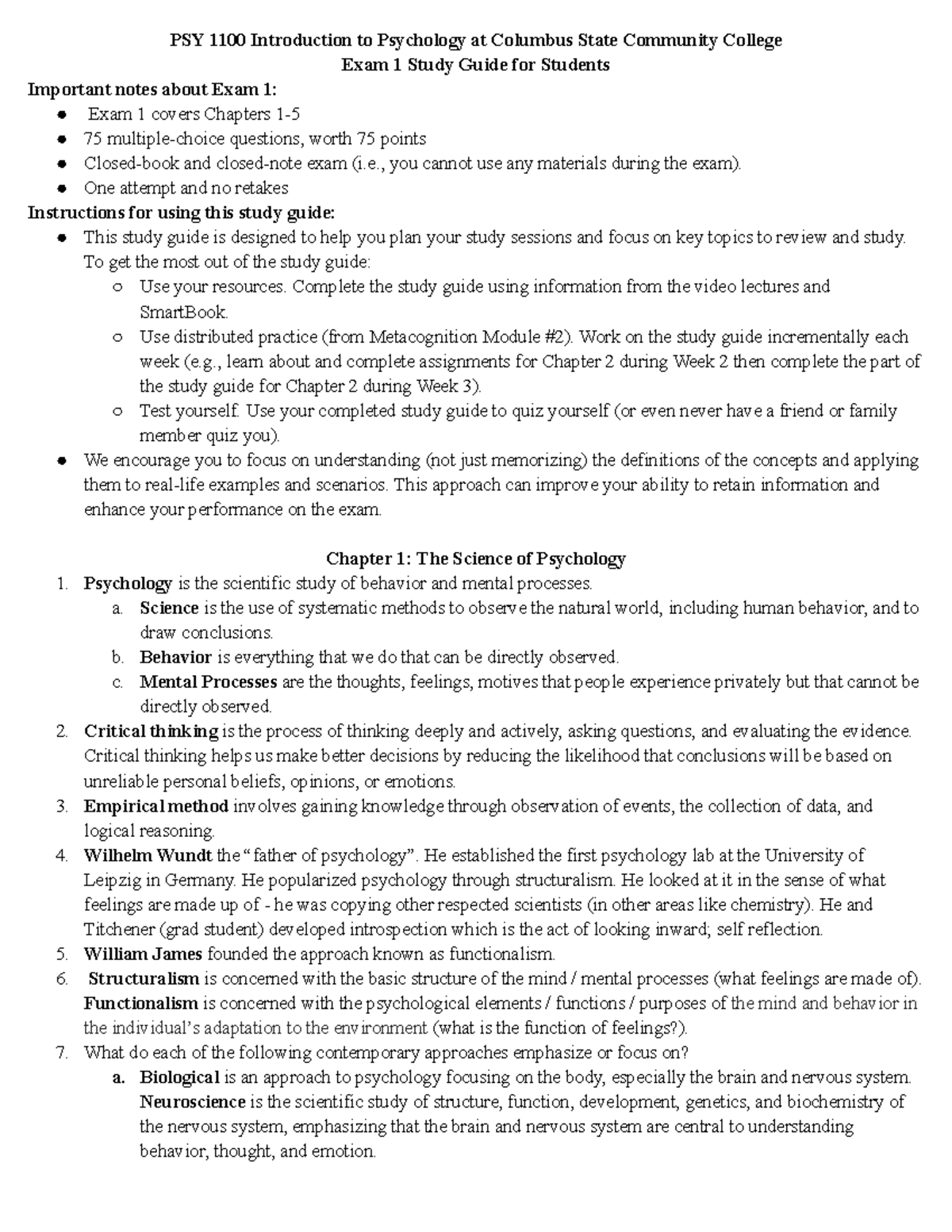 **PSY 1100 Exam 1 Study Guide: Essential Concepts from Chapters 1-5 ...
