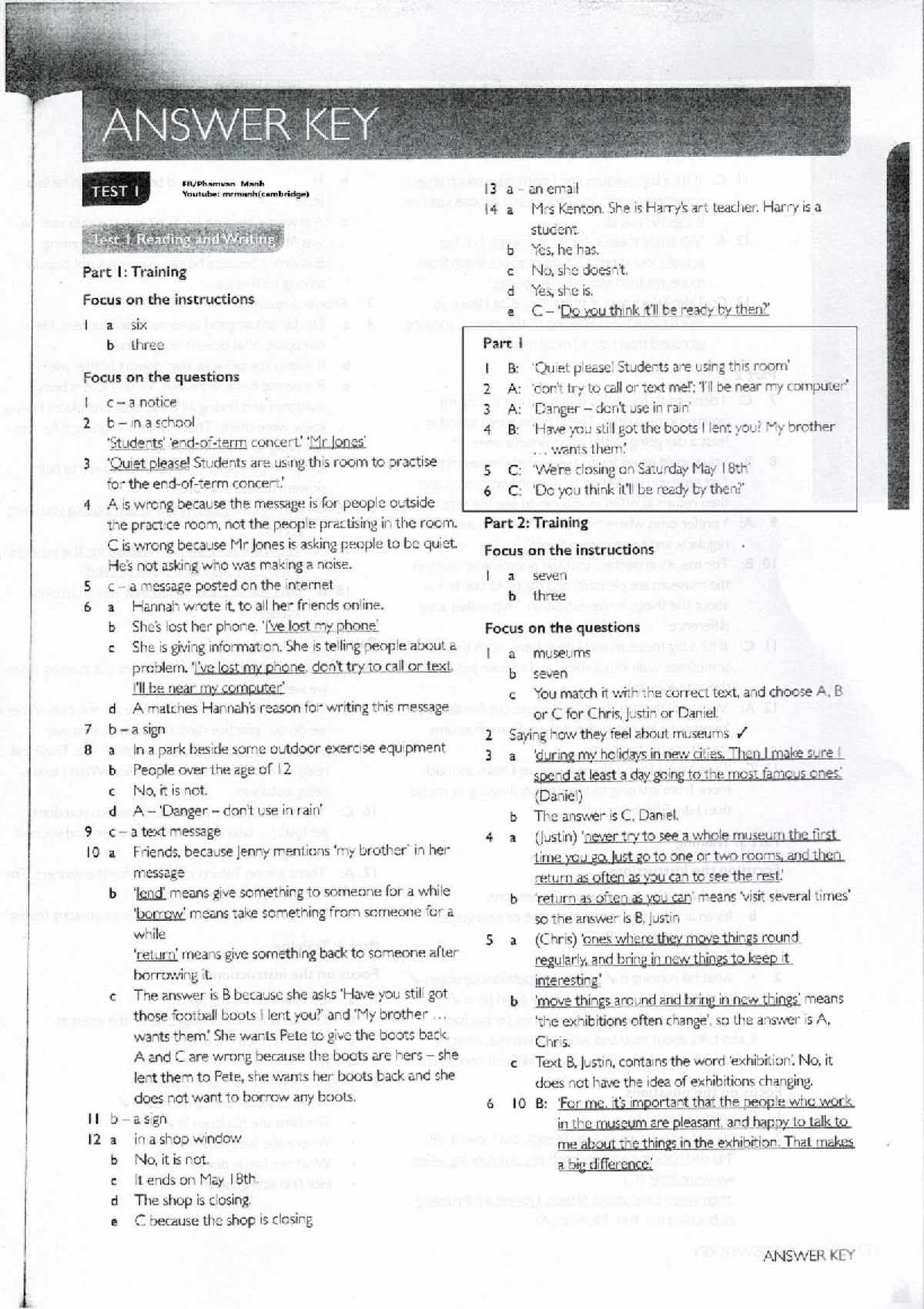 ANSWER KEY KET A2 - Test I Reading and Writing - Studocu