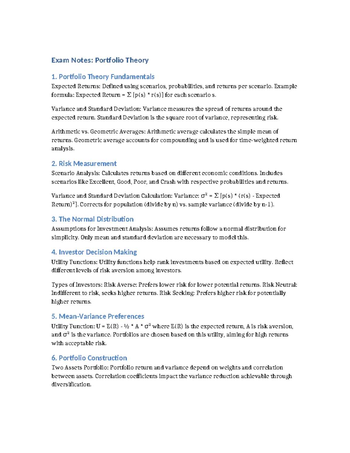 Portfolio Theory FIN-EXAM Notes: Key Concepts & Risk Analysis - Studocu