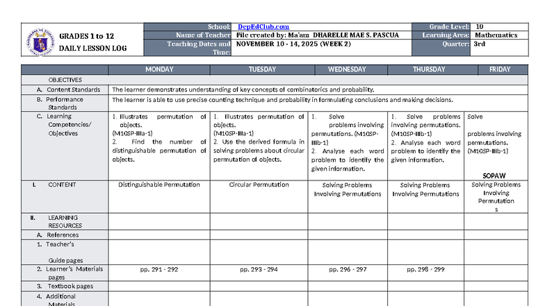 DLL Mathematics 10 Q2 Week 2 Lesson Plan on Permutations - Studocu