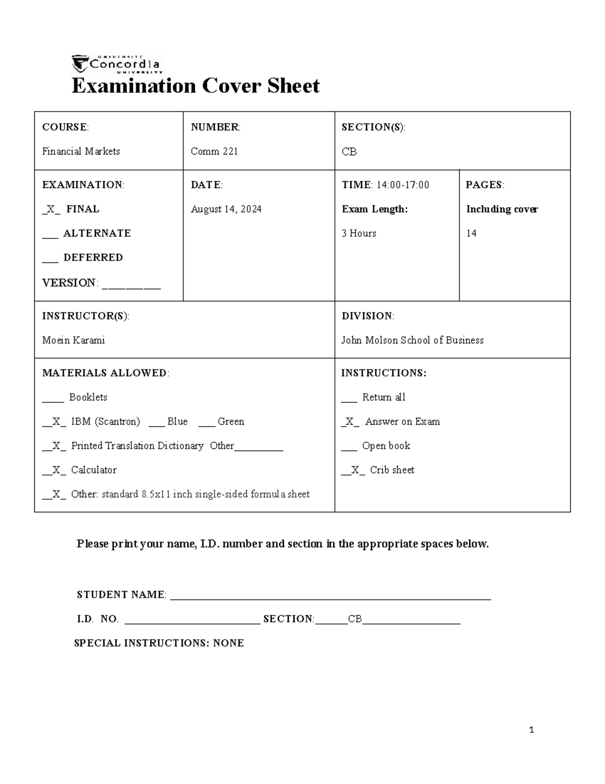 COMM 221 Final Exam Cover Sheet and Questions - August 2024 - Studocu
