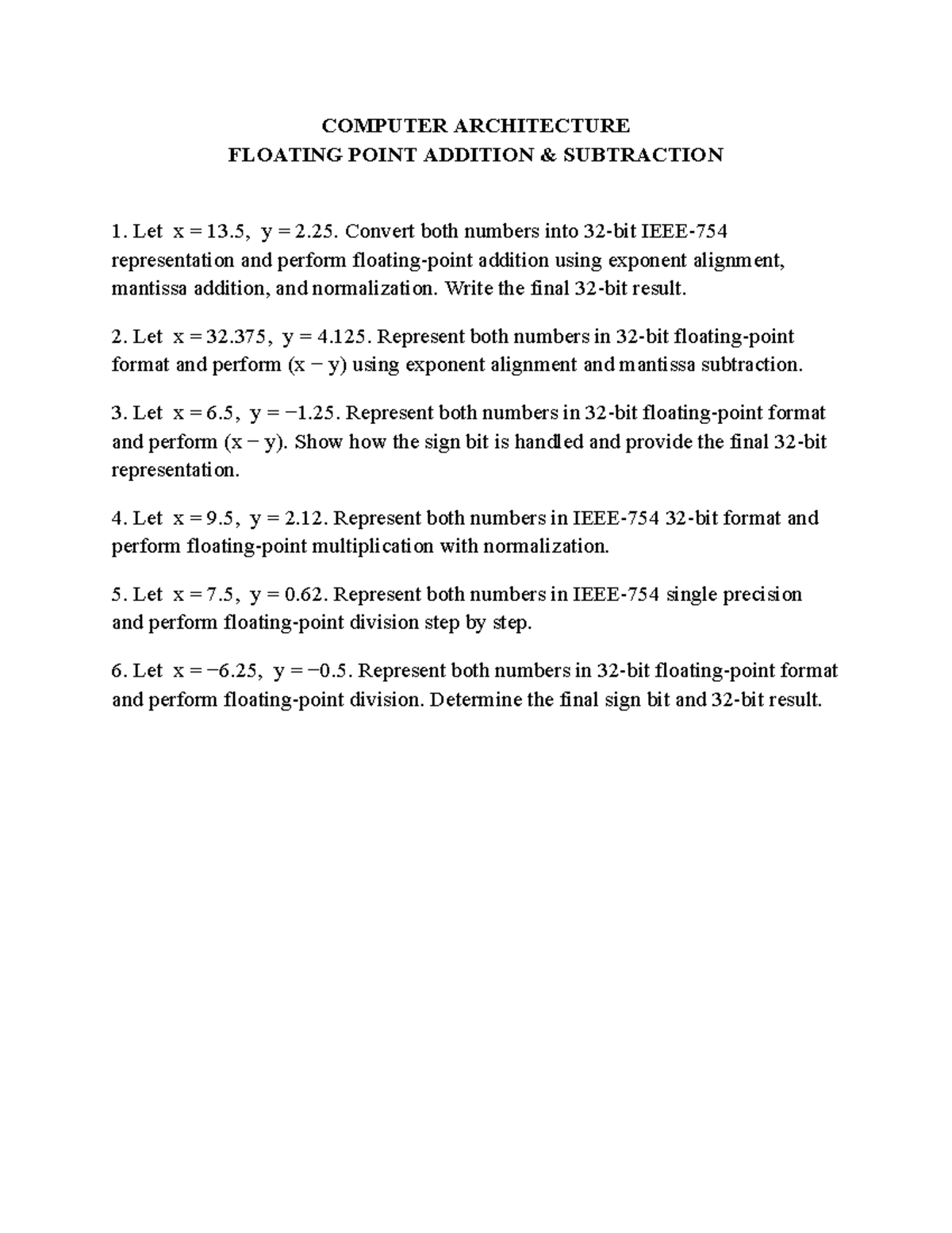 CA Assignment: Floating Point Operations and Representations - Studocu
