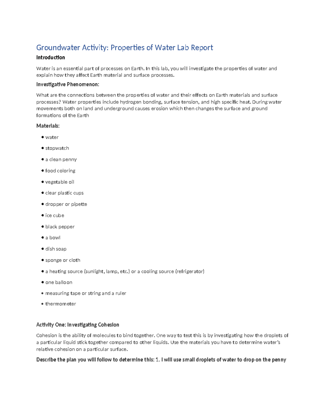 Properties of Water: Groundwater Lab Report (Course Code: SCI101) - Studocu