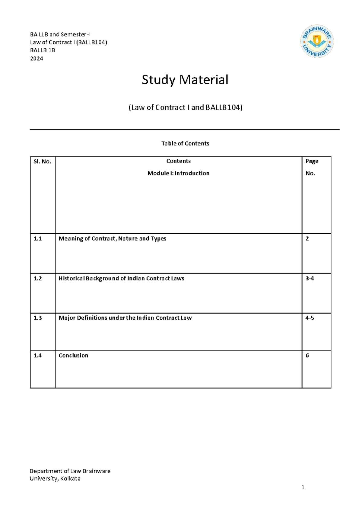 Law of Contract I Study Material (BALLB104) - BA LLB 1B 2024 - Studocu