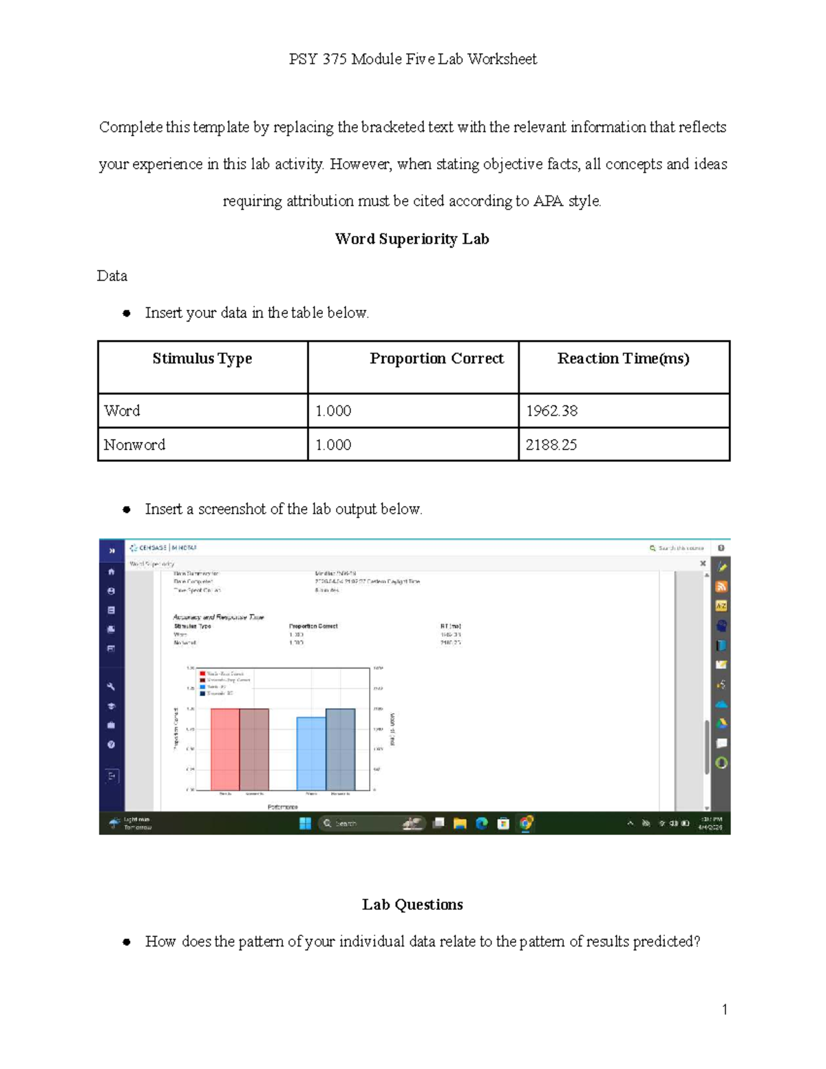 PSY 375 Module Five Lab Worksheet: Word Superiority Effect Analysis ...