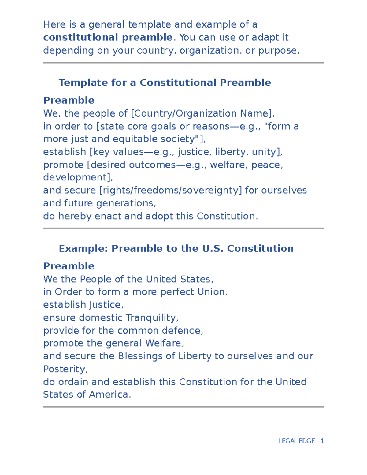 Constitutional Preamble Template & Example - LEGAL EDGE 1 - Studocu
