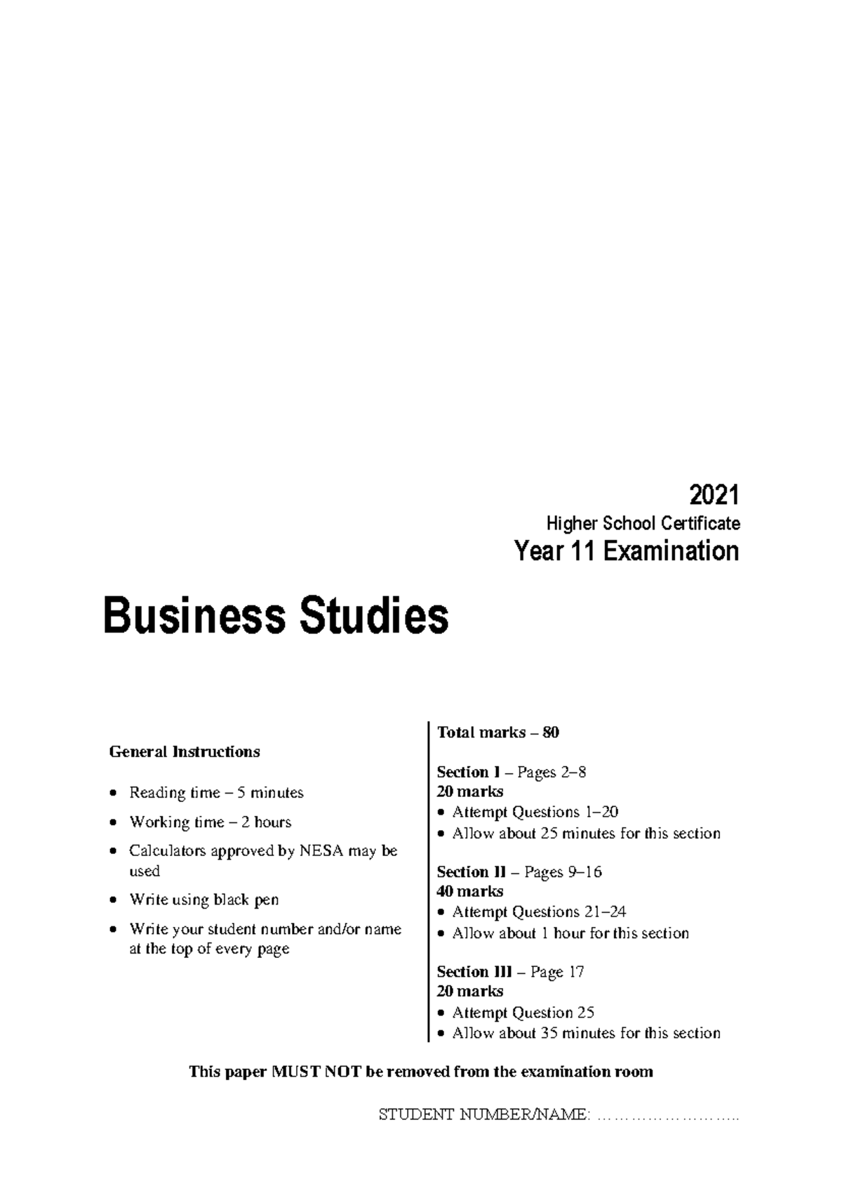 2021 HSC Year 11 Business Studies Exam Paper [682] - Studocu