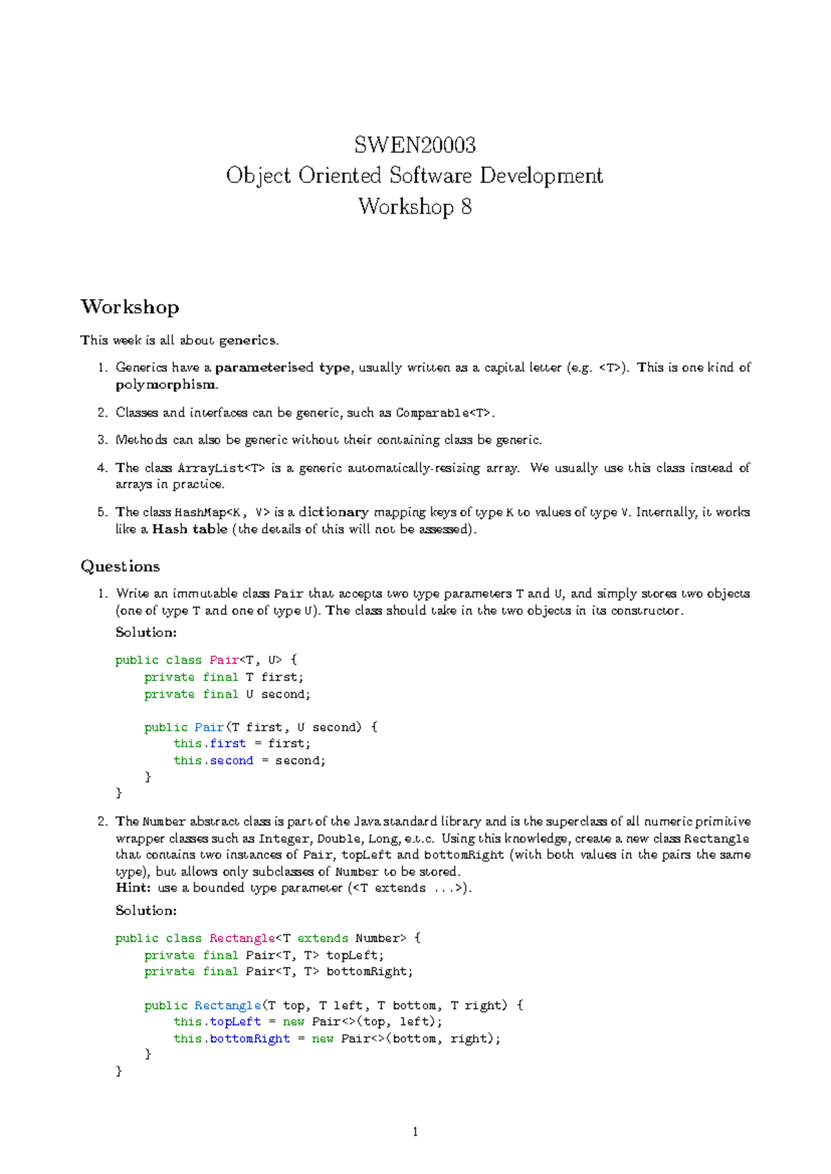 SWEN 8 Workshop: Generics in Object Oriented Software Development - Studocu