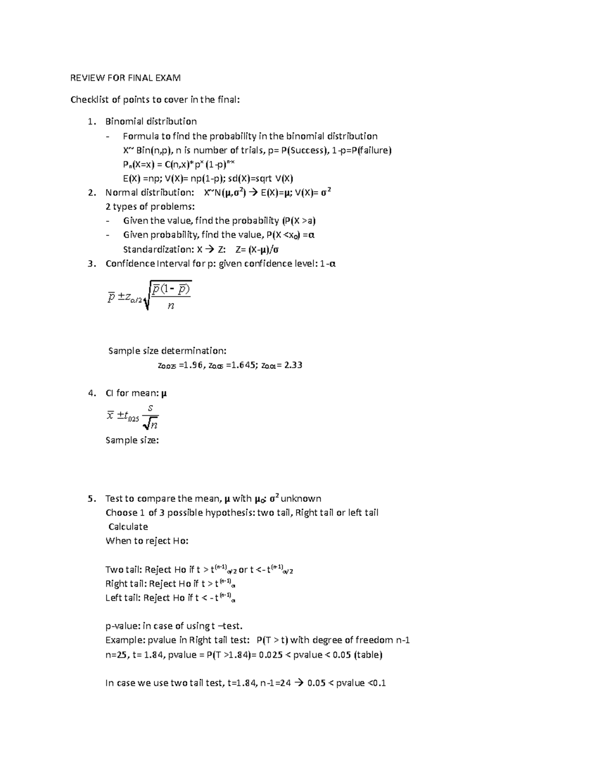 REVIEW FOR FINAL EXAM 2 - Key Topics in Probability & Statistics - Studocu