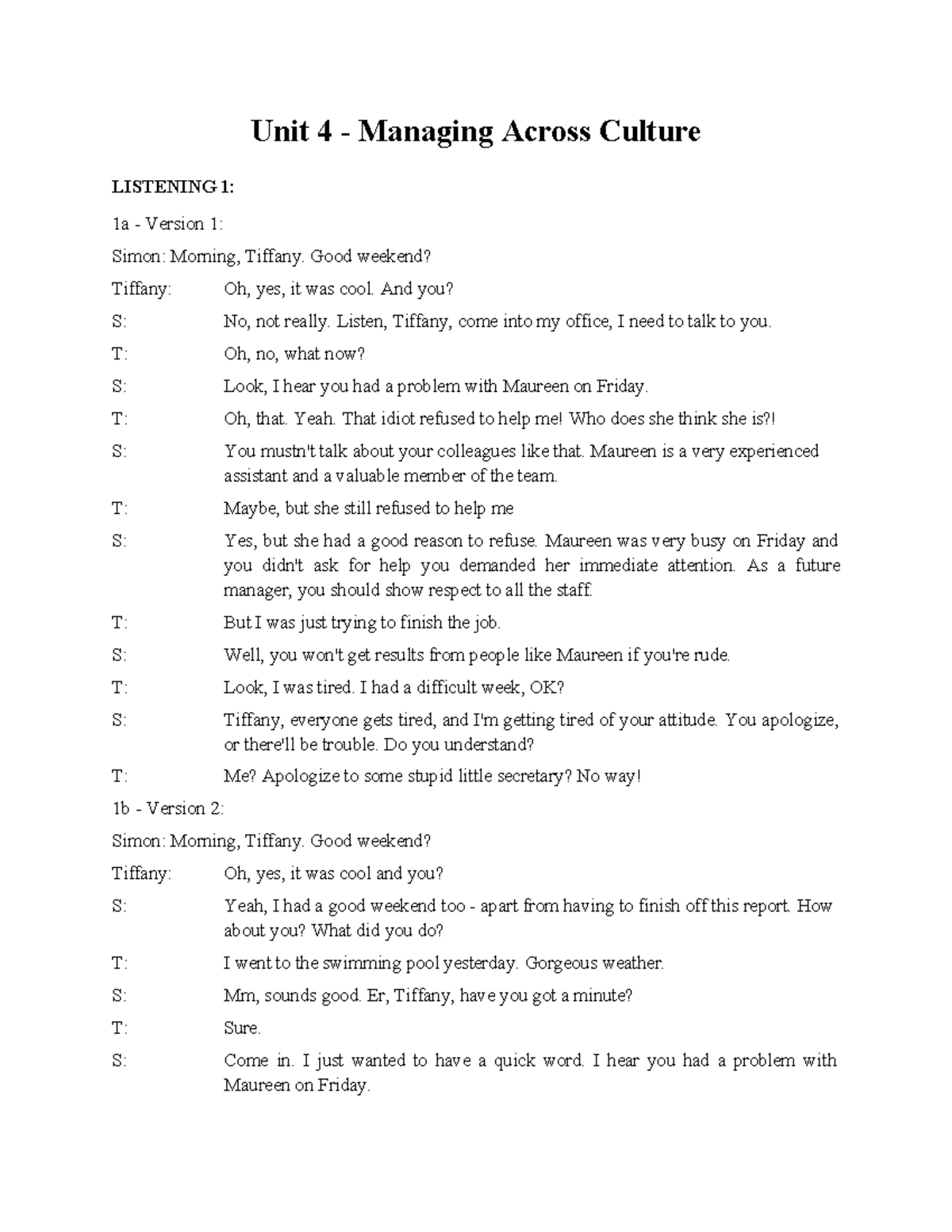 Unit 4: Managing Across Cultures - Listening Transcripts - Studocu