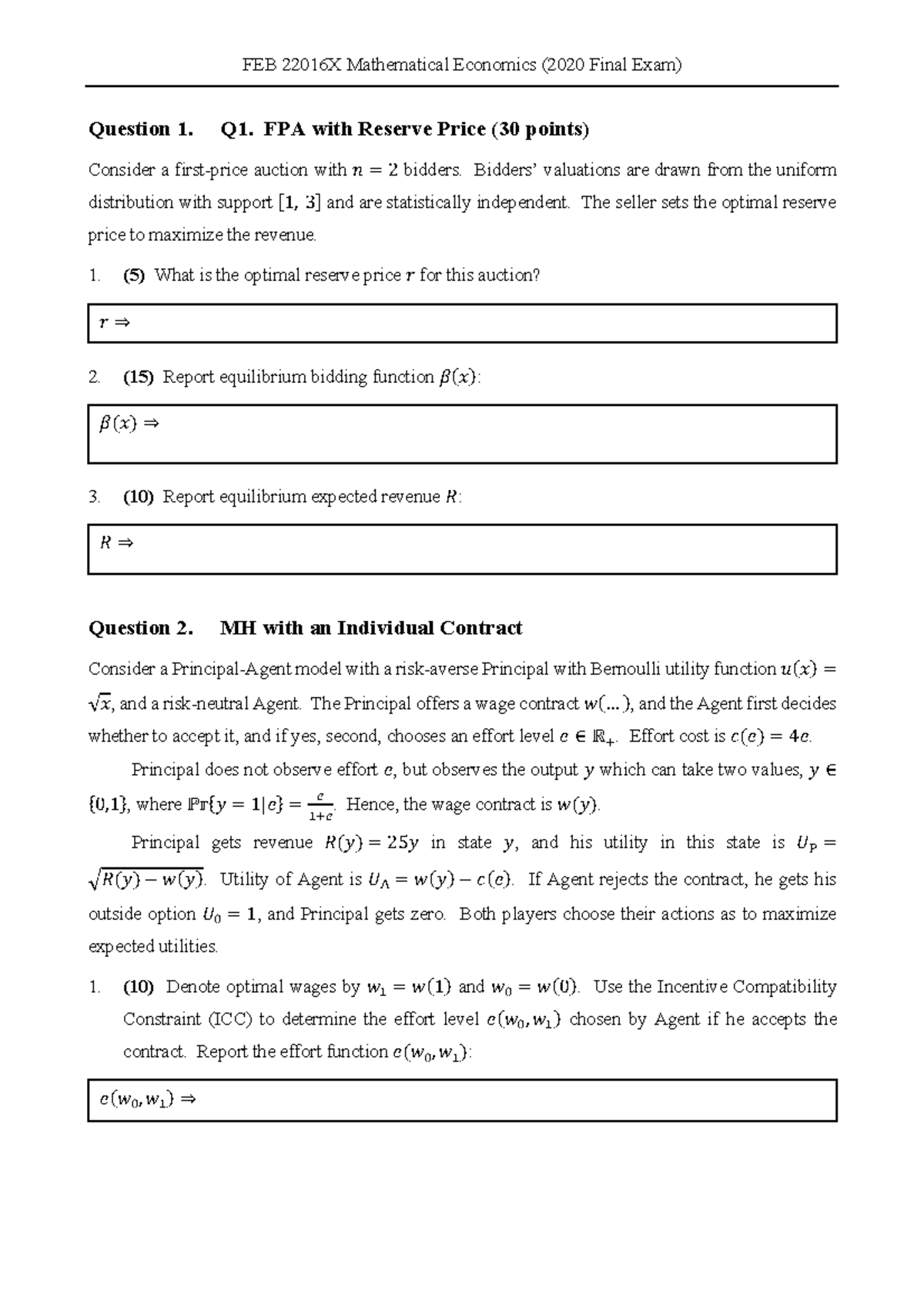 2020 FEB 22016X Math Economics Final Exam Answer Key - V3 - Studeersnel