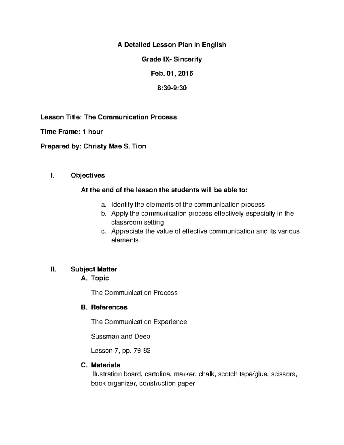Detailed Lesson Plan in English: The Communication Process (Grade 6 ...