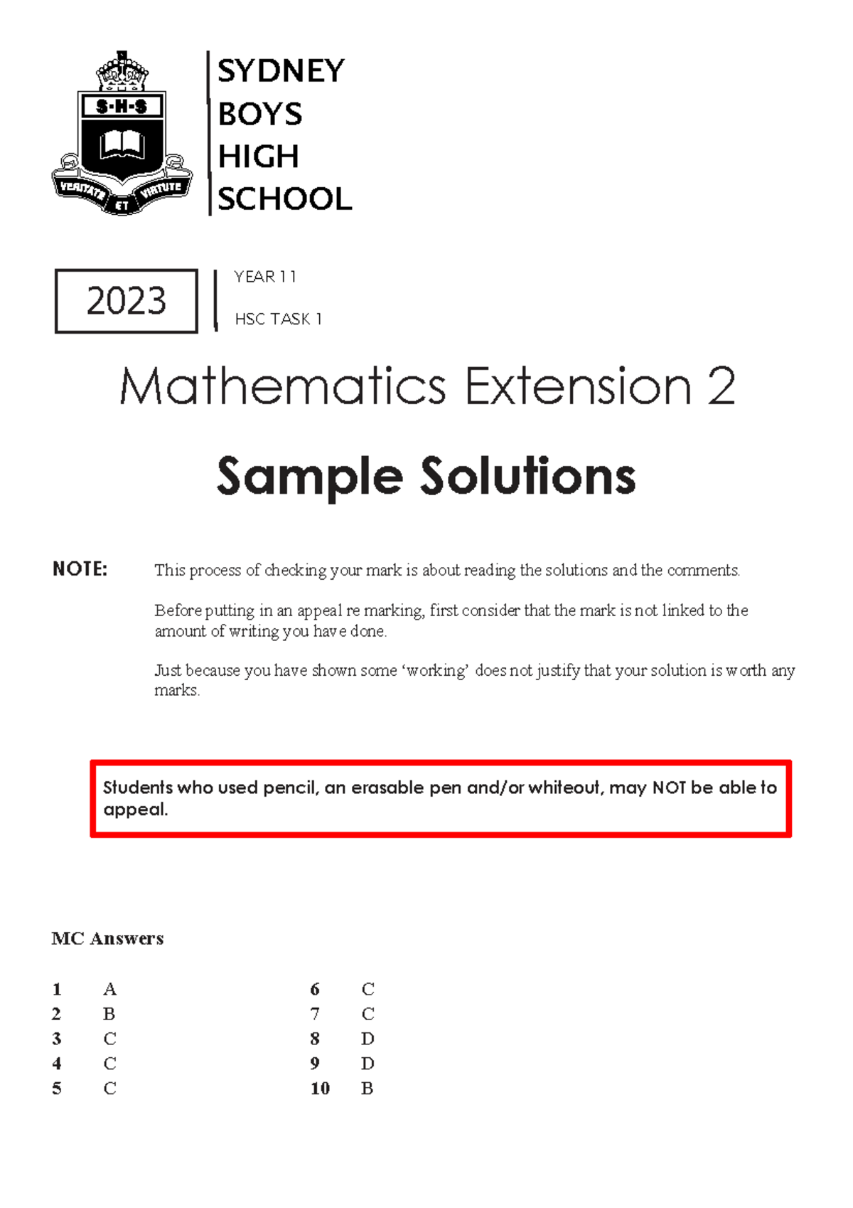 SBHS 2023 Y11 HSC ME2 Task 1 Sample Solutions and Comments - Studocu