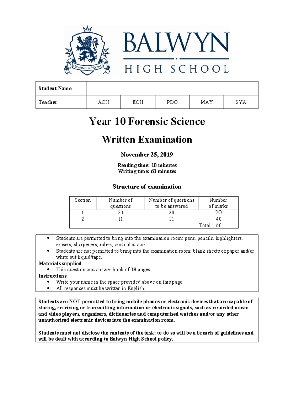 Forensic Science Year 10 Semester 2 Final Exam (2019) - Studocu