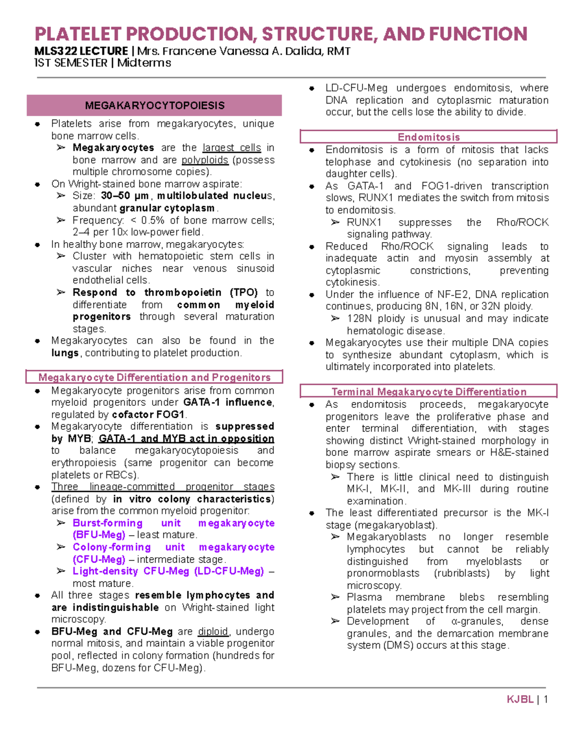 MLS322 LECTURE: Platelet Production, Structure & Function - Midterm ...