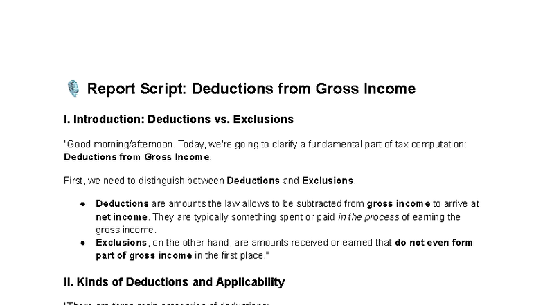 Report Script: Deductions from Gross Income Explained - Studocu