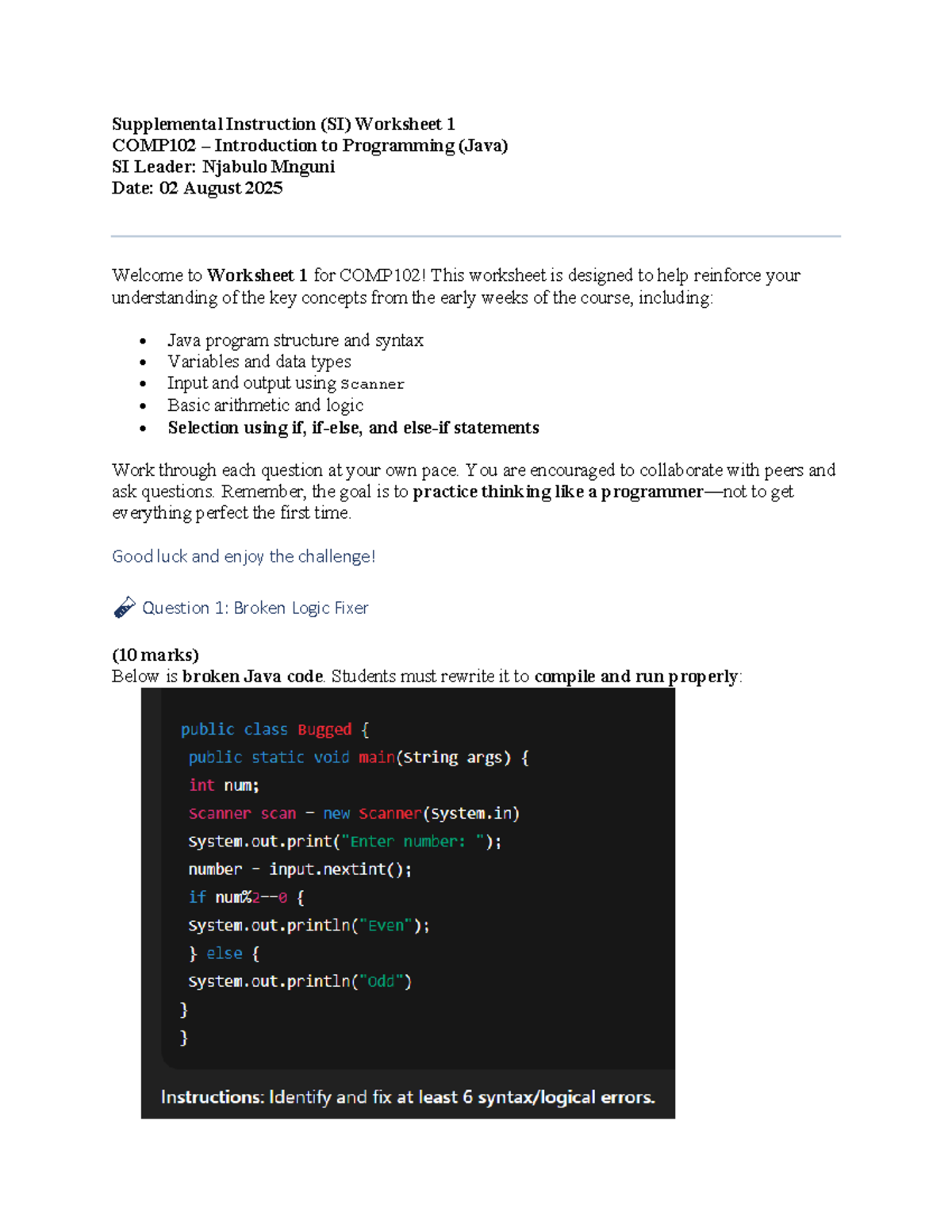 SI Worksheet 1 COMP102 - Java Programming Concepts and Exercises - Studocu