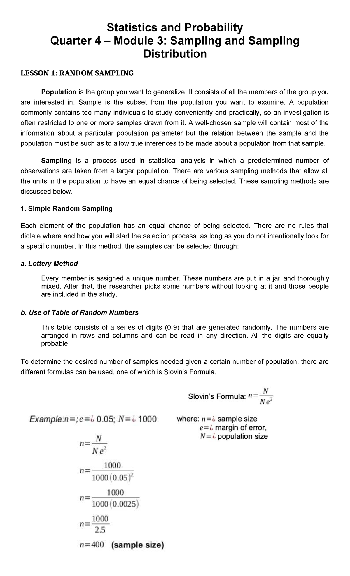 Q4-Statistics and Probability Module 3: Random Sampling Techniques ...