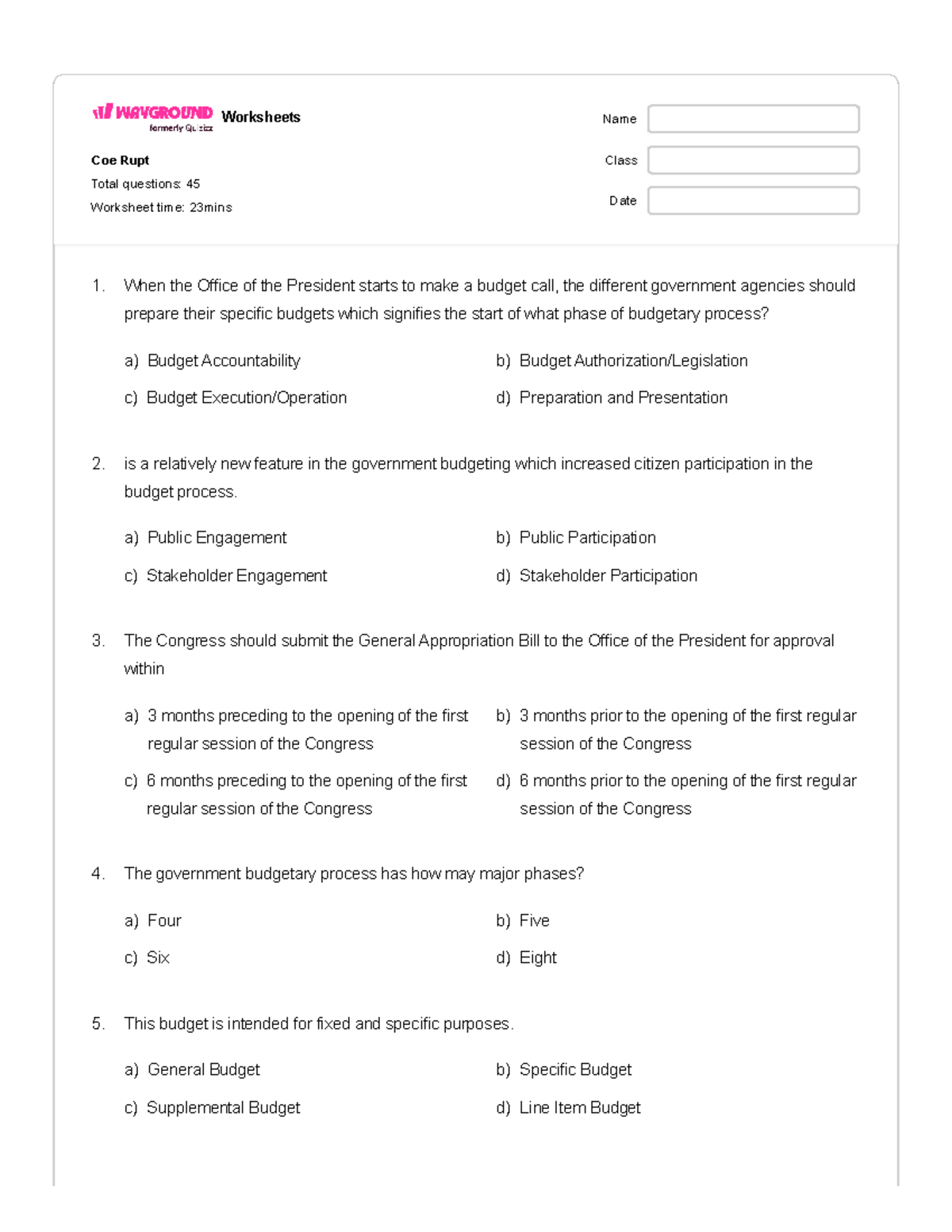 Worksheet on Budgetary Process - Coe Rupt Class - Studocu