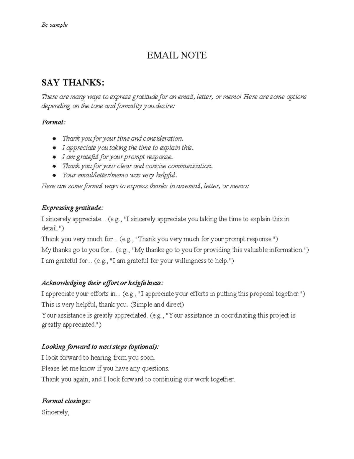 Bc Sample Email Notes: Expressing Gratitude and Delivering Bad News ...