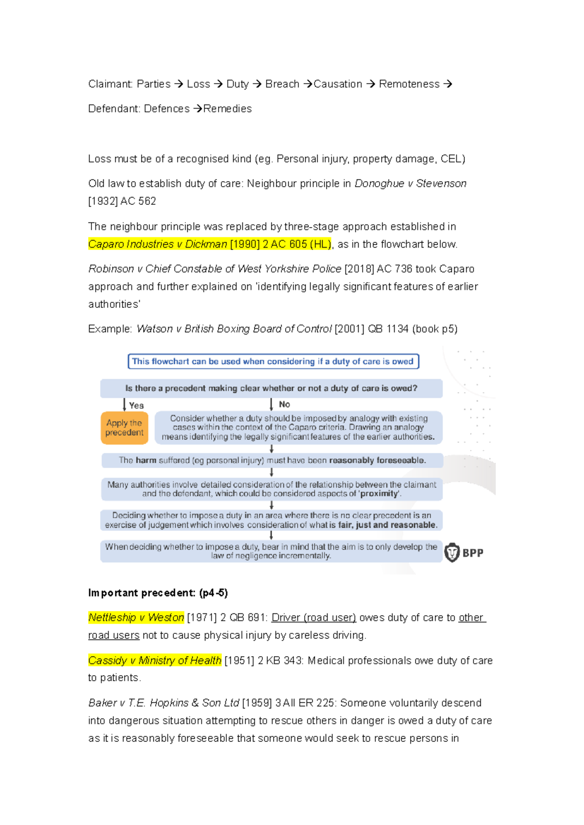 Revision Notes on Duty of Care - Workshop 1 Summary - Studocu