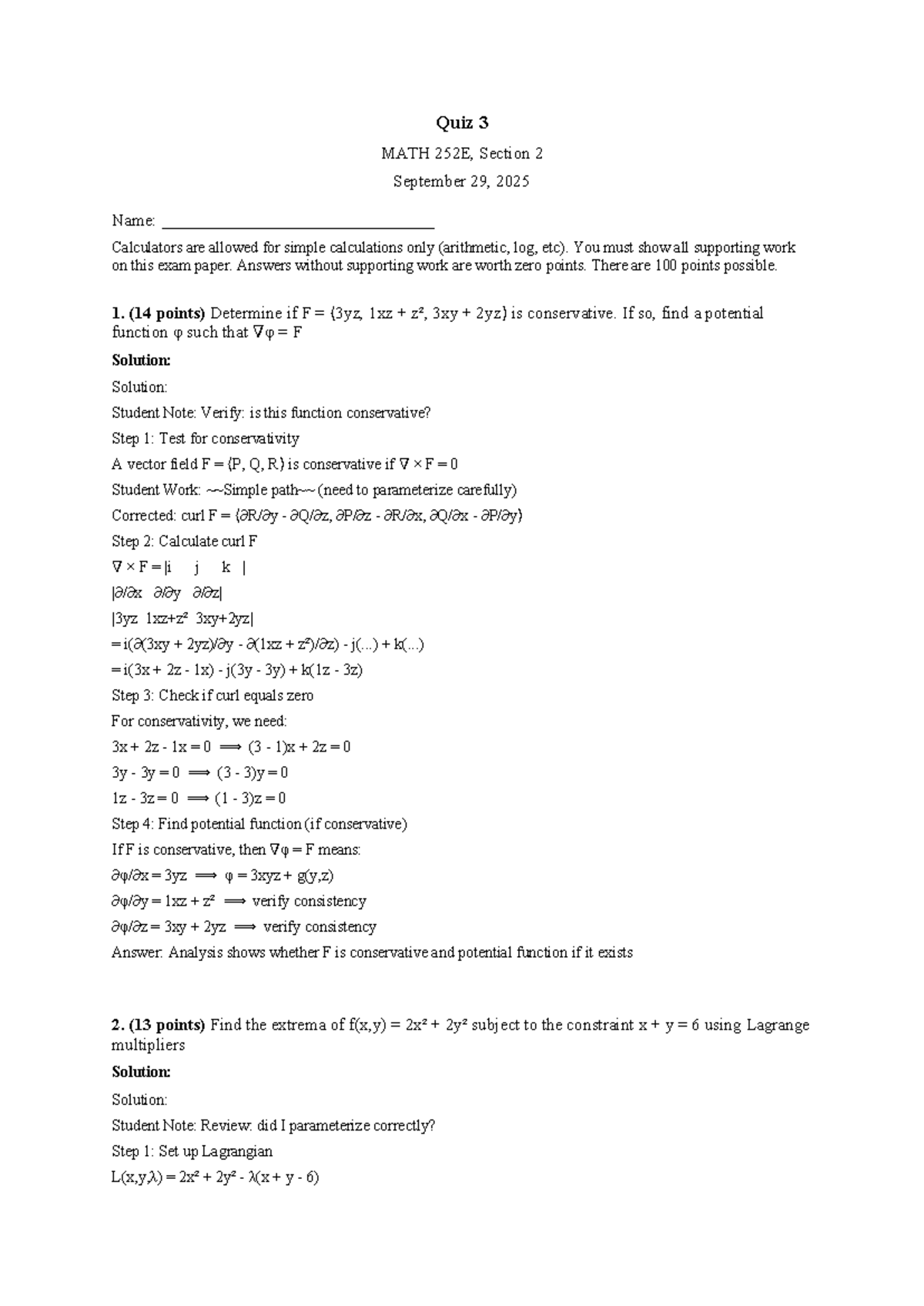 MATH 288 Calculus Exam Solutions - Quiz 3 Answers - Studocu