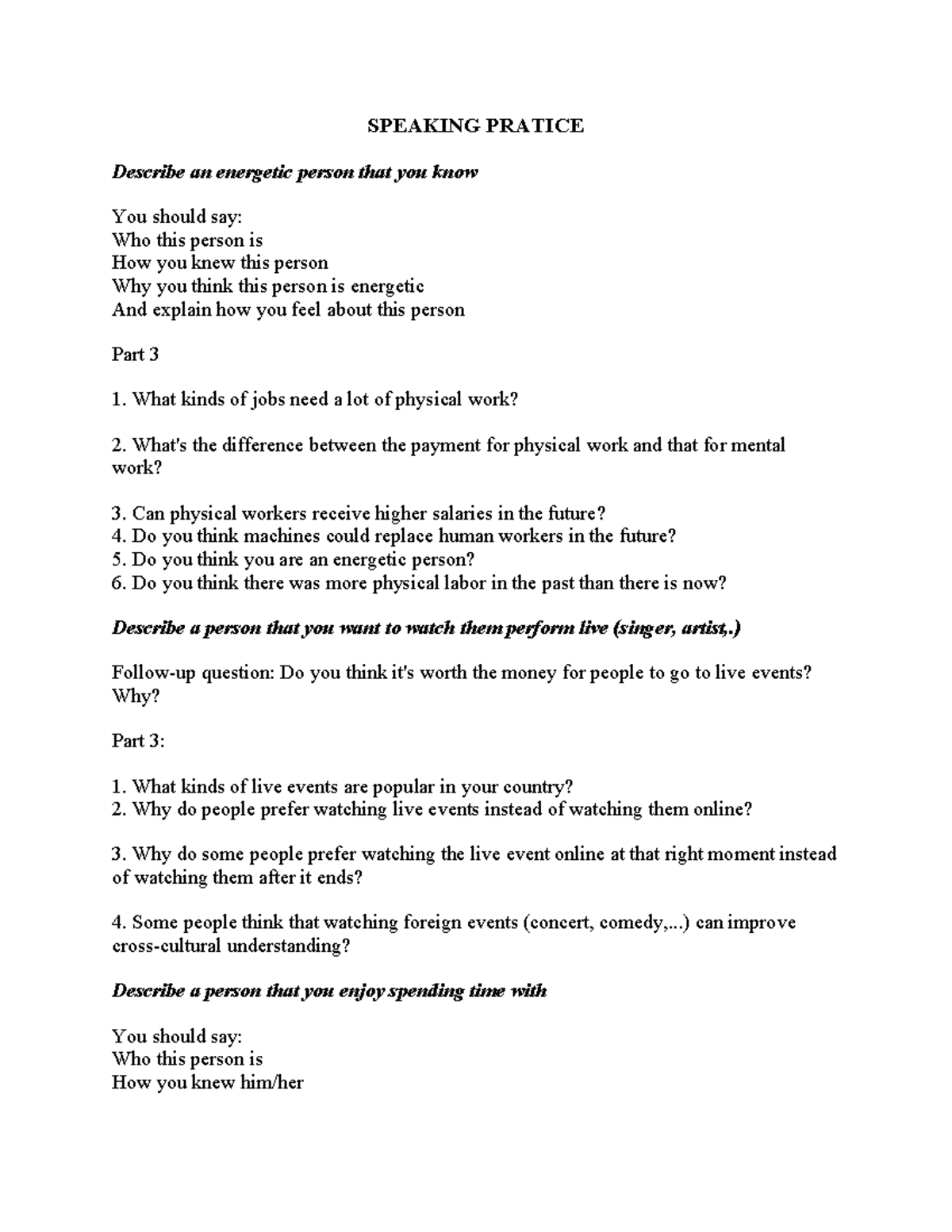 SPEAKING PRACTICE - Energetic Person & Social Interactions - Studocu