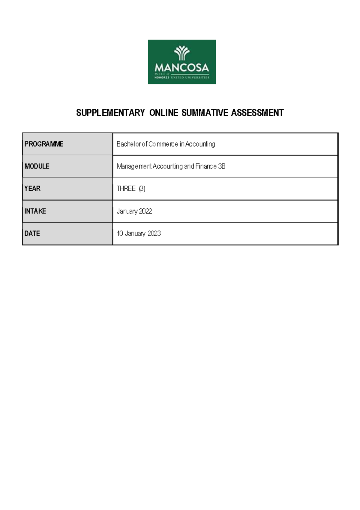 Management Accounting and Finance 3B BCOM ACC Supplementary Exam ...