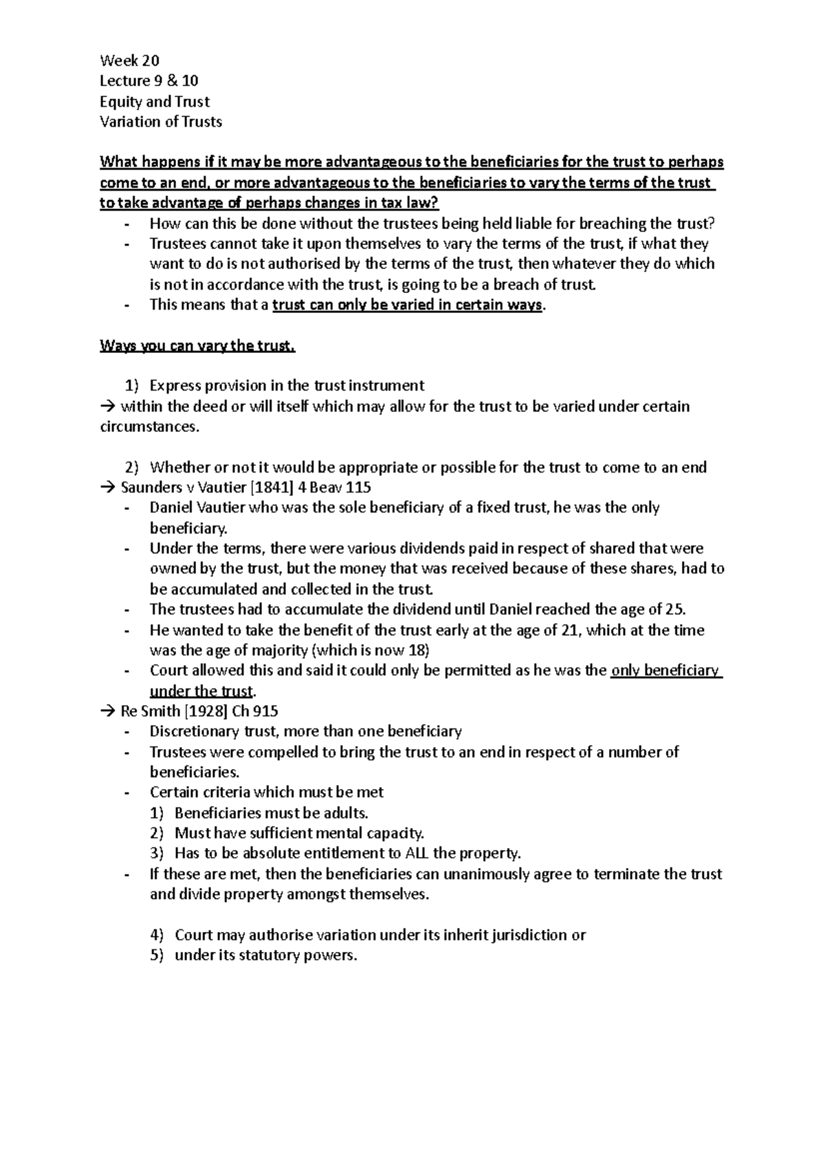 Week 20 - Lecture Notes on Variation of Trusts in Equity - Studocu
