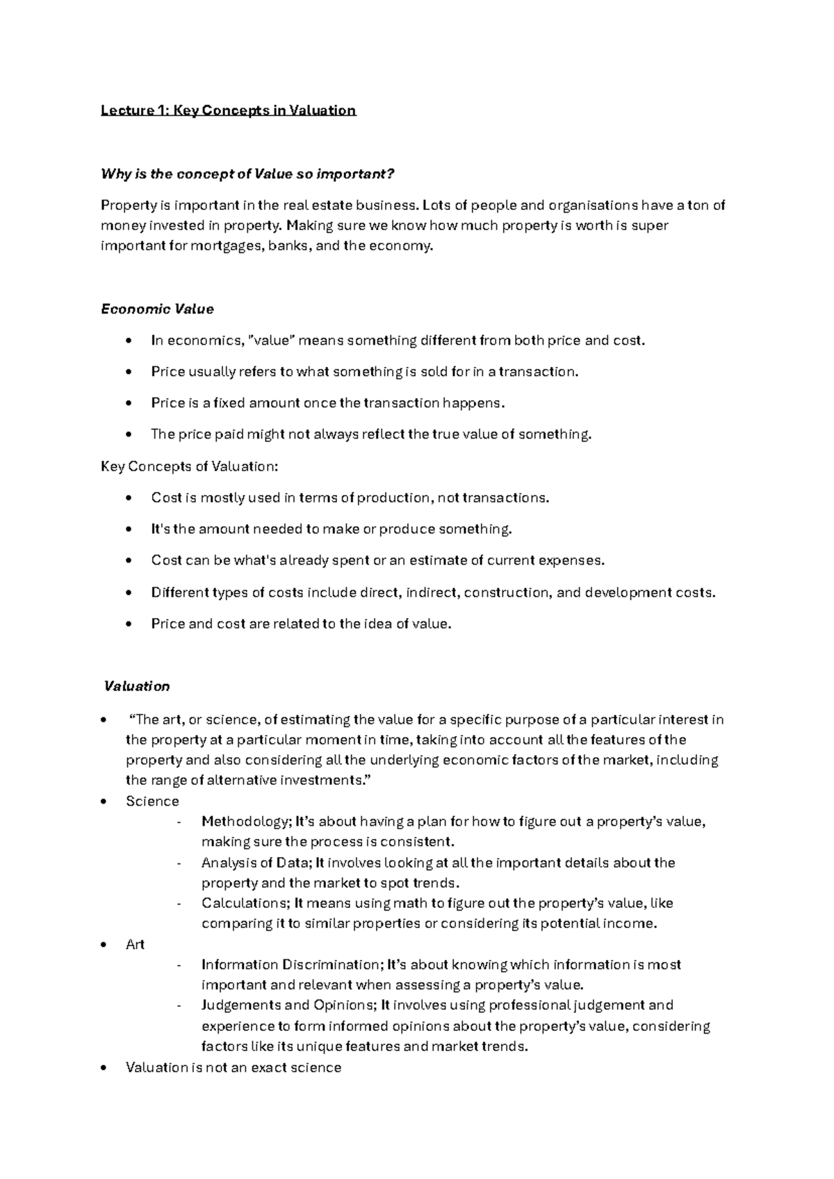 Property Valuation: Key Concepts & Methodologies (Lecture Notes) - Studocu