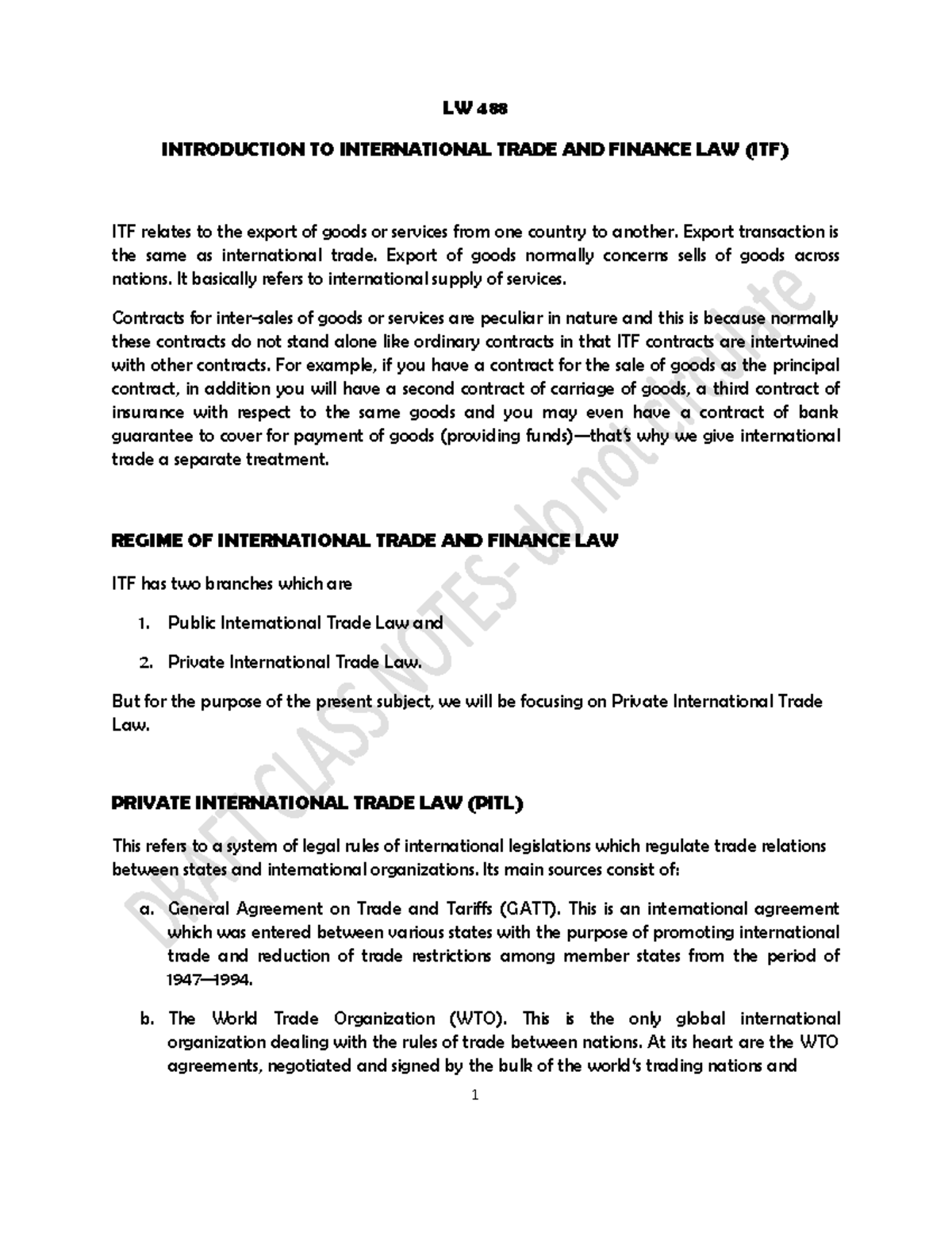 LW 488 ITF: Comprehensive Class Notes on International Trade Law - Studocu