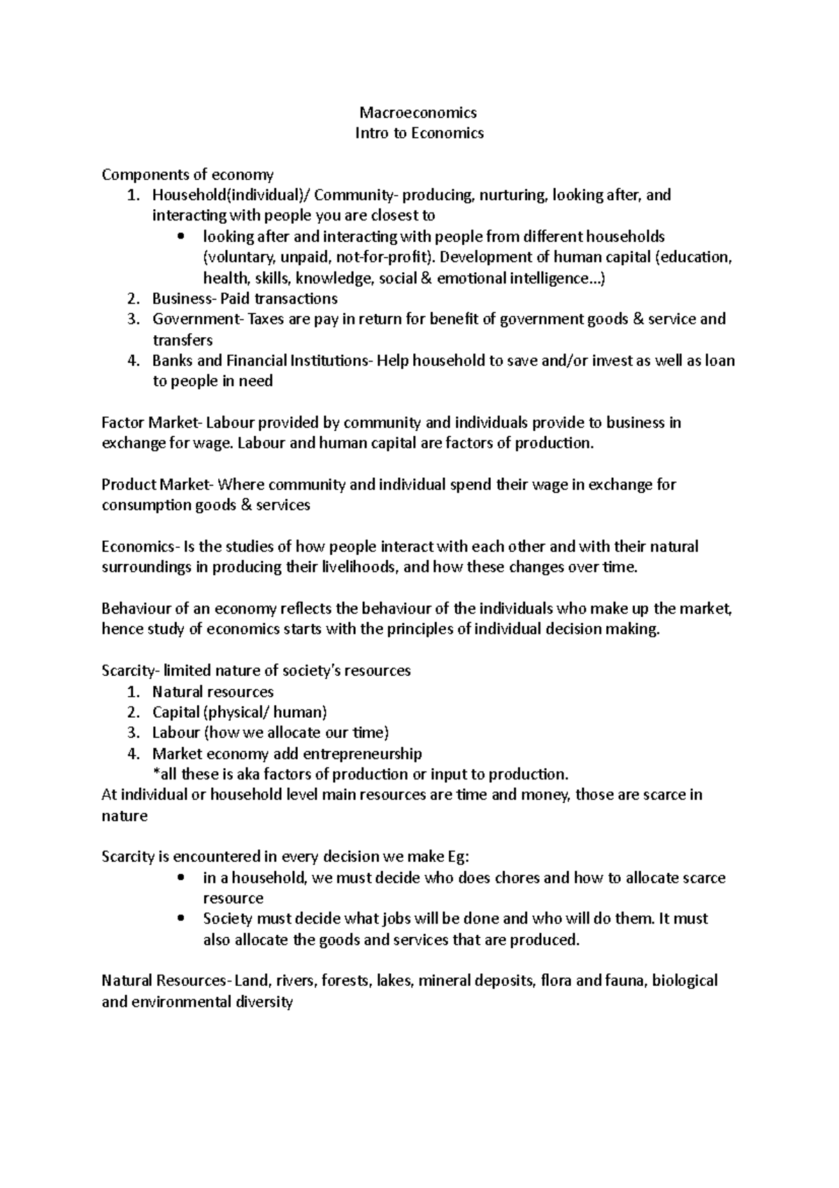 Macroeconomics Chapter 1 notes - Macroeconomics Intro to Economics ...
