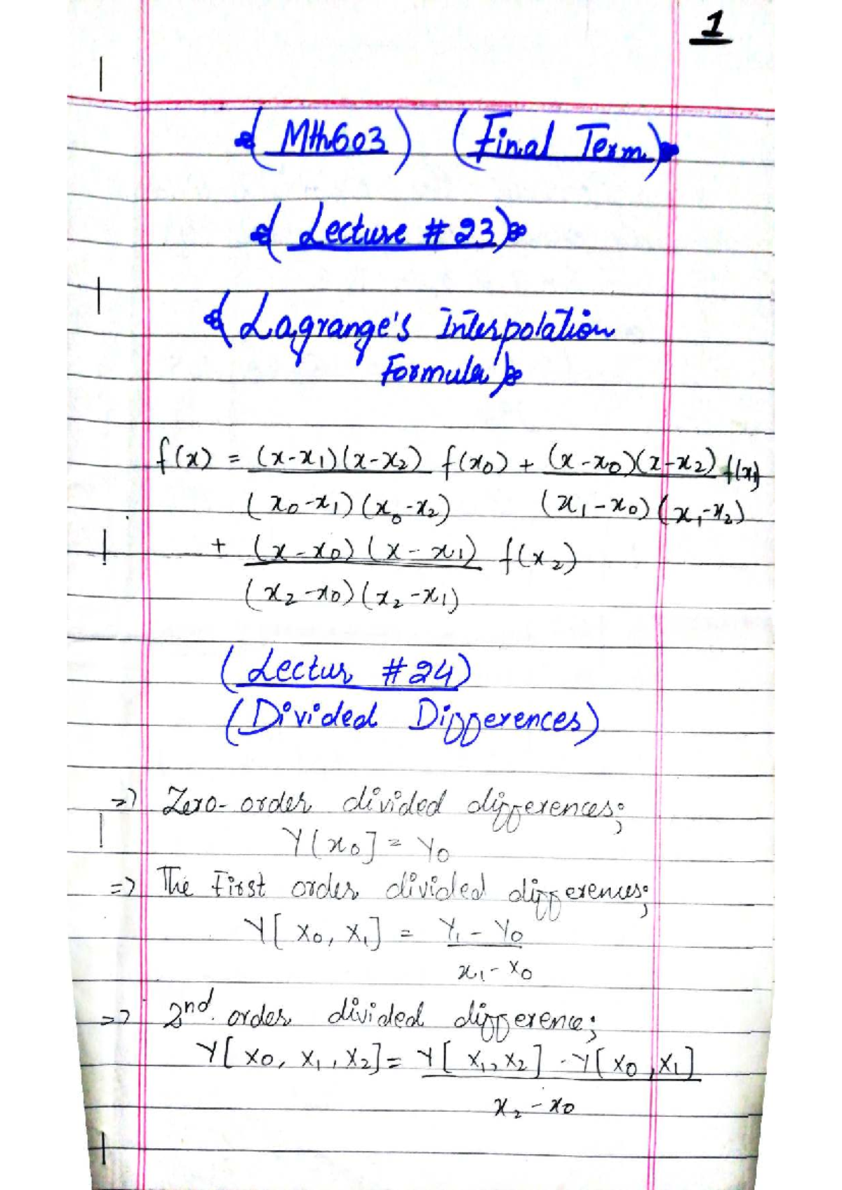 Mth603 Final Term Lecture Notes on Interpolation and Differentiation ...
