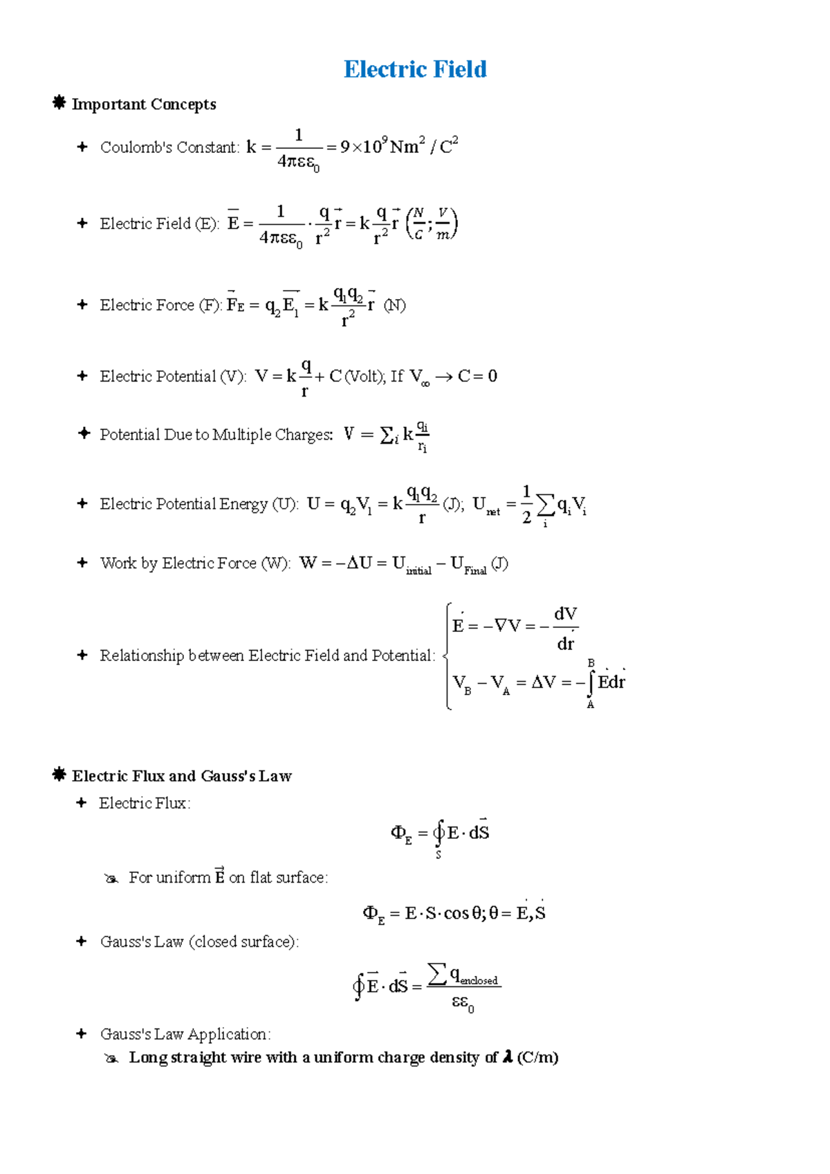 Electric Field & Magnetic Concepts: Midterm Formula Review - Studocu