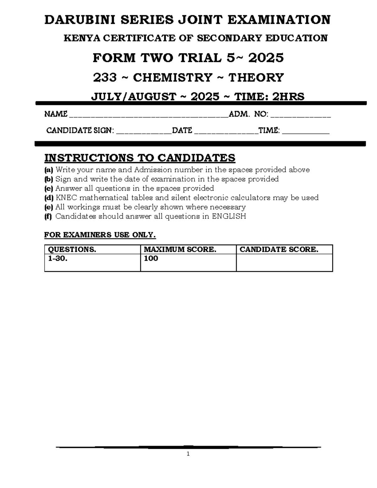 D005CHEM F2 - Form Two Trial Chemistry Exam 2025 - Studocu