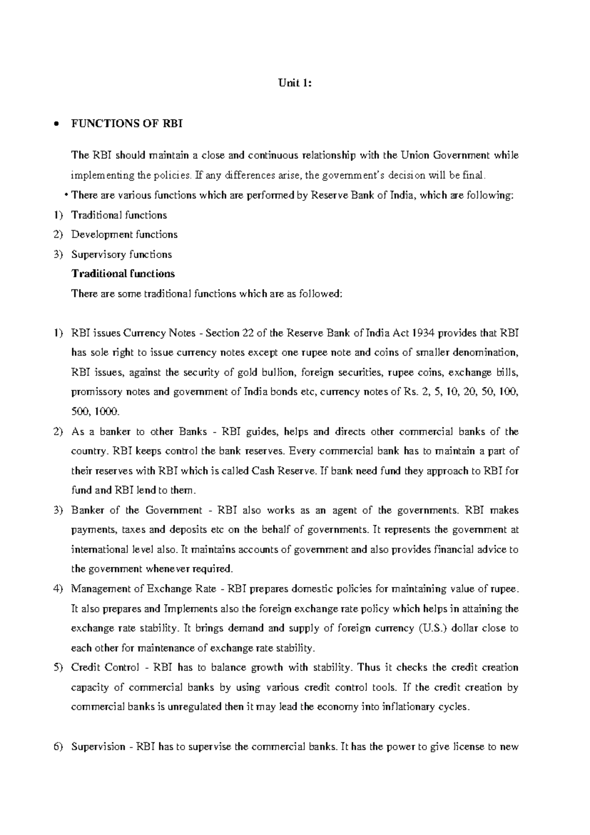Banking law MK notes - Unit 1: FUNCTIONS OF RBI The RBI should maintain ...