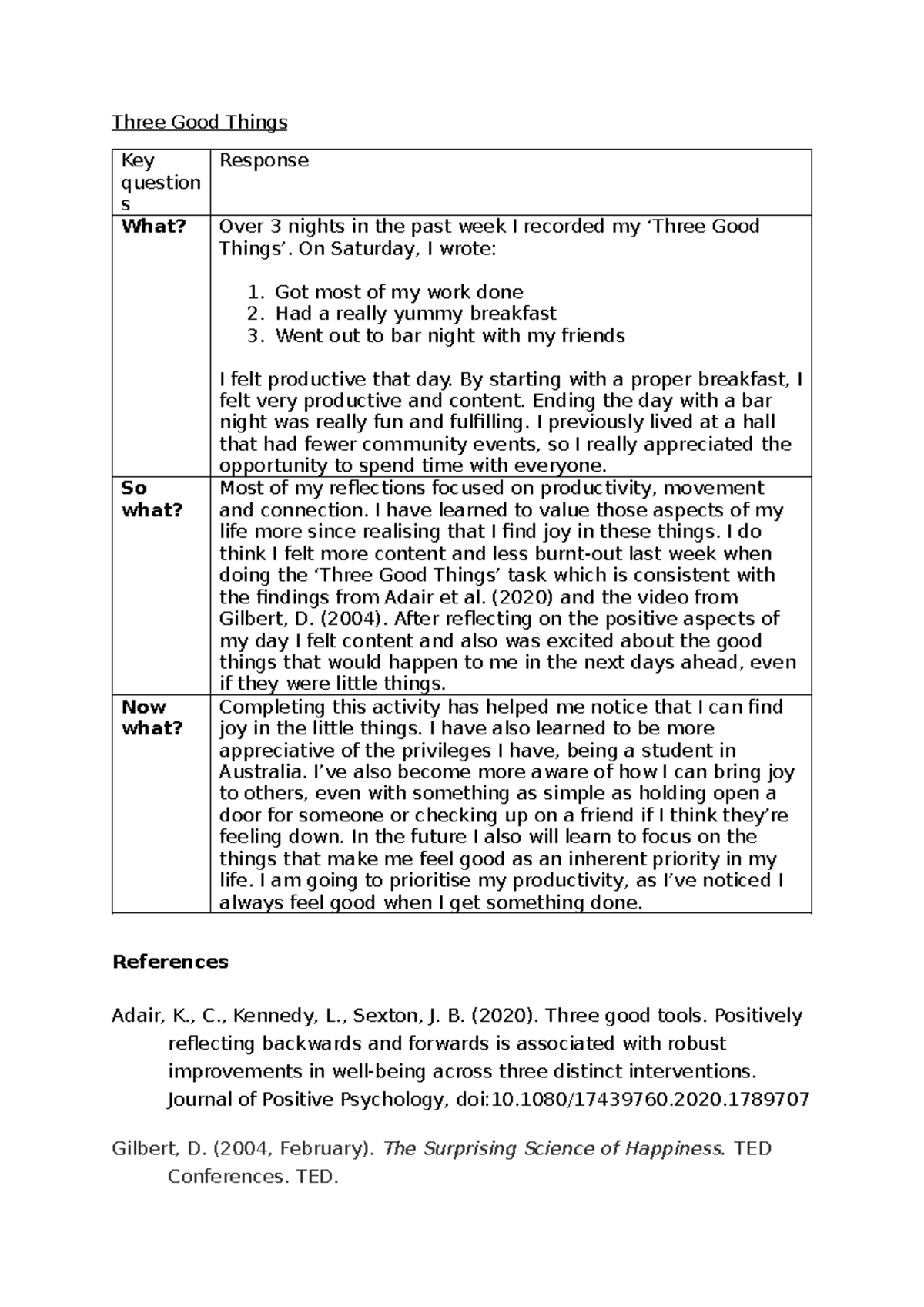 Reflection Week 1: Three Good Things Exercise Insights - Studocu