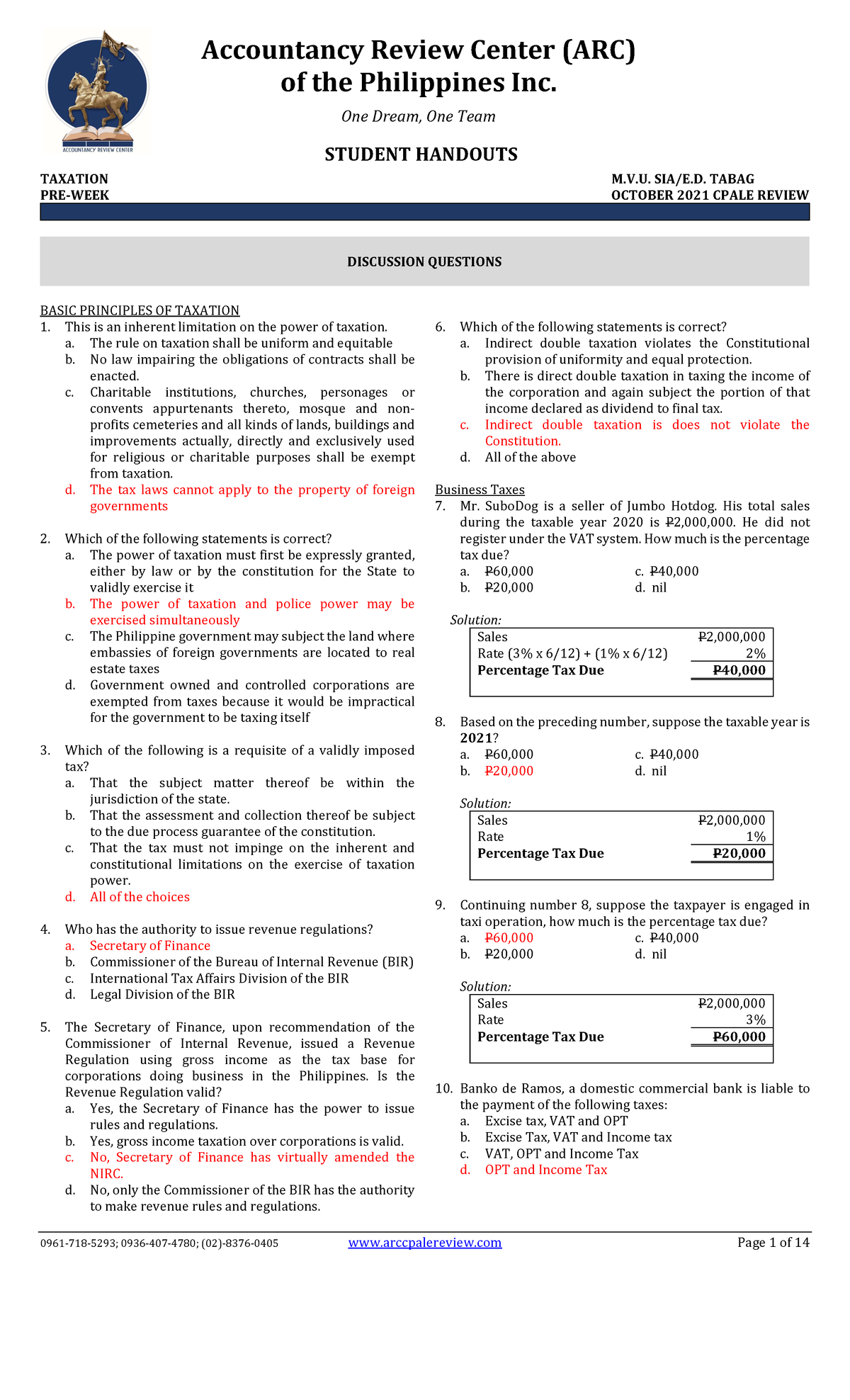 ARC Preweek Review: Basic Principles of Taxation (MATS) - Document Preview