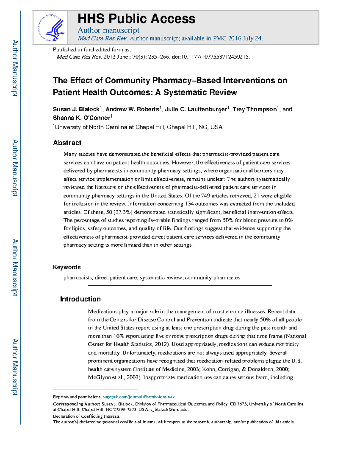 HHS 801709: Systematic Review of Community Pharmacy Interventions on ...