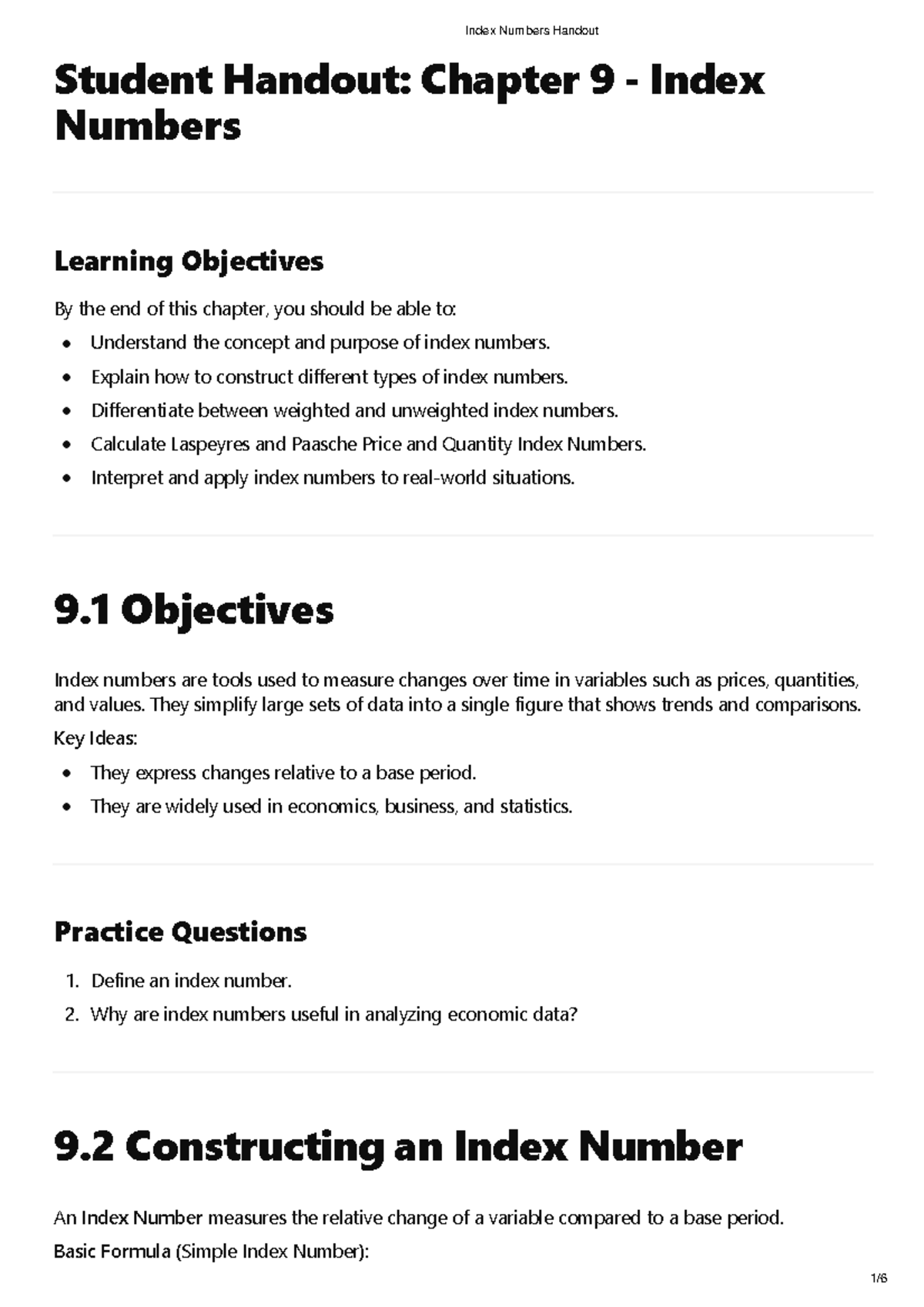 Chapter 9 Index Numbers Handout: Understanding and Constructing Indexes ...