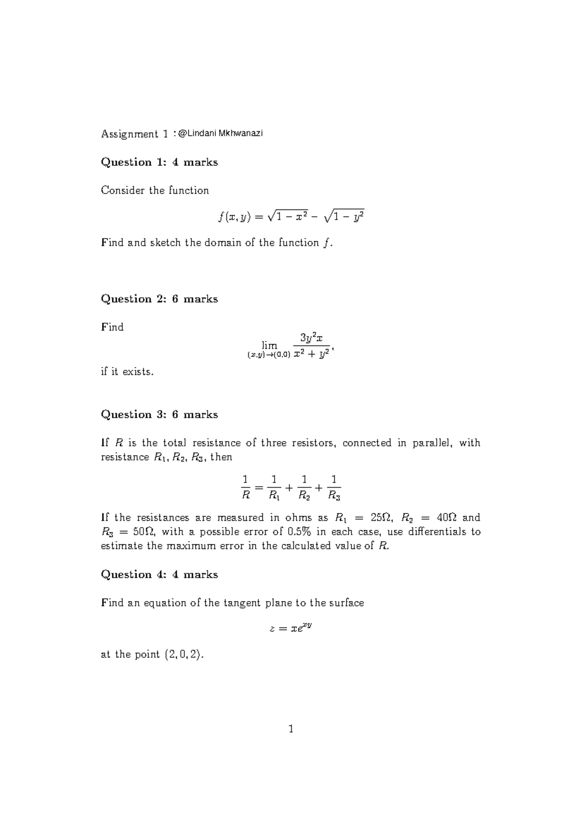 Assignment 1: Math Questions on Functions & Resistors - Studocu