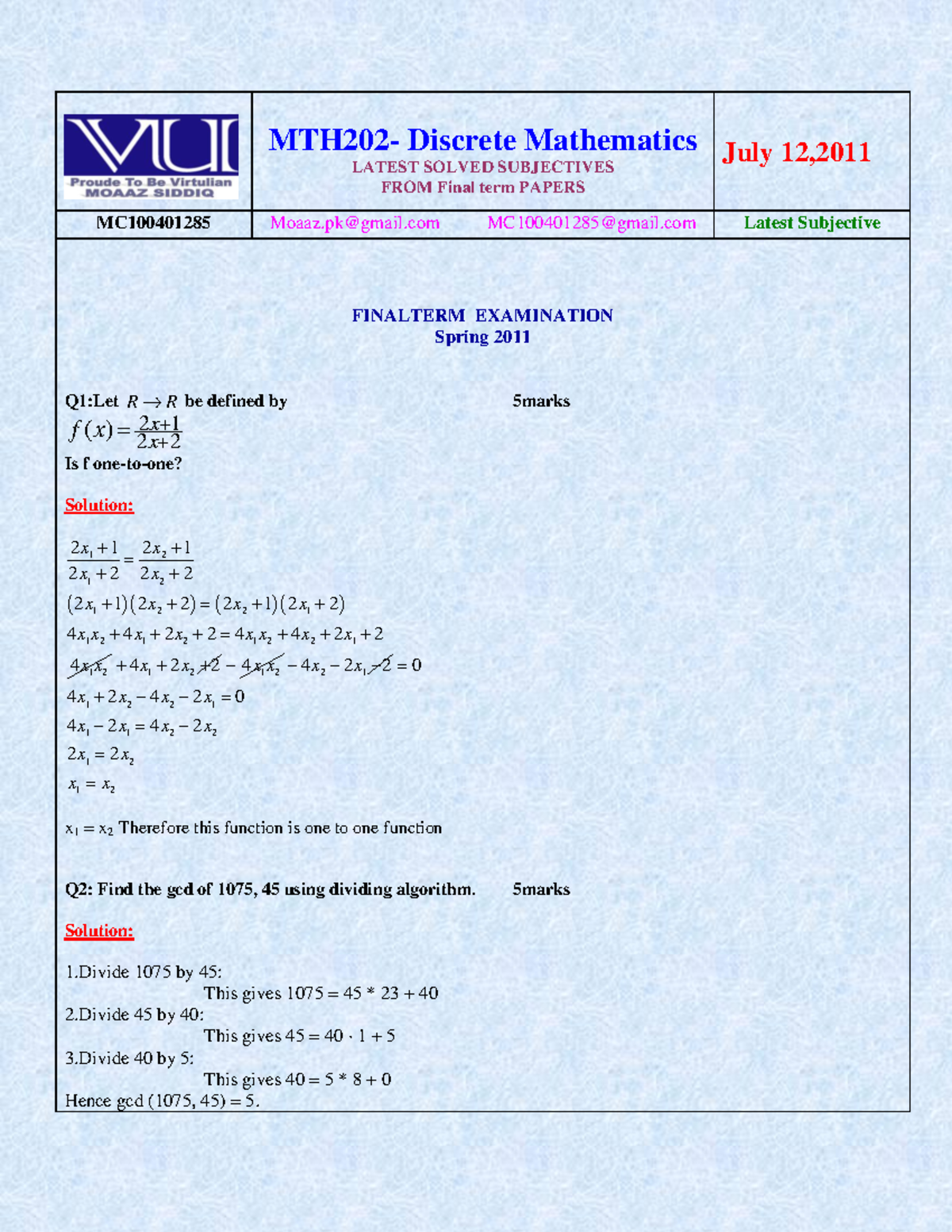 MTH202 Discrete Mathematics Final Term Past Subjective Papers - Studocu