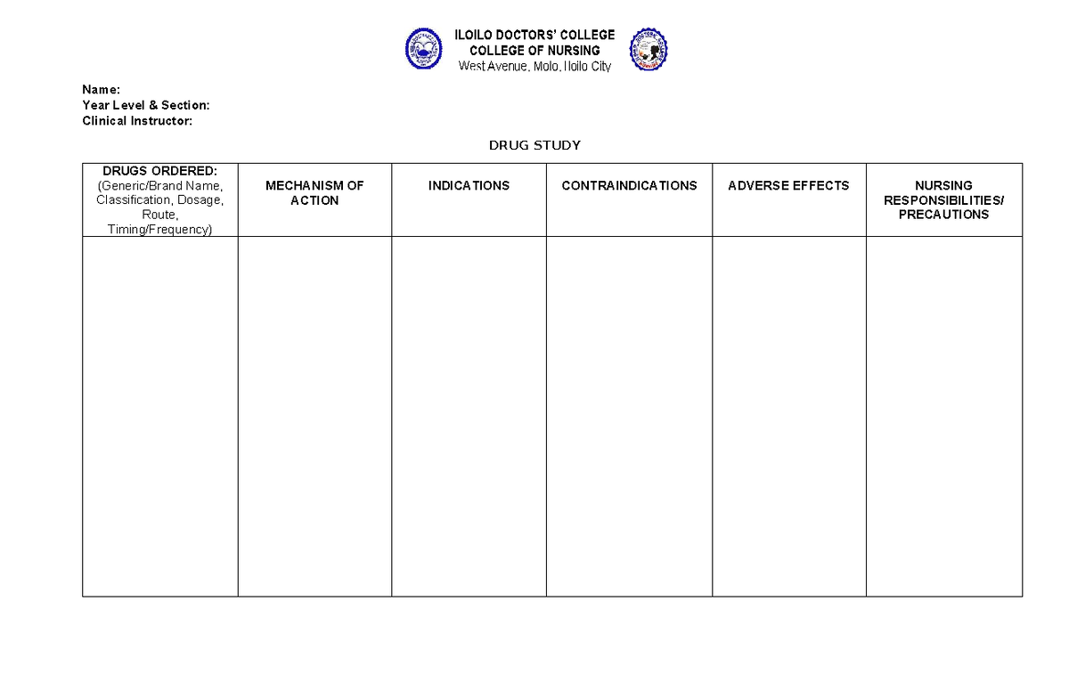 Drug Study Template - Nursing - Name: Year Level & Section: Clinical ...