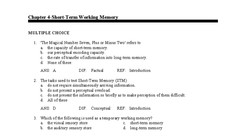 Cognition 9e TB Chapter 04: Working Memory MCQs and Essay Questions ...