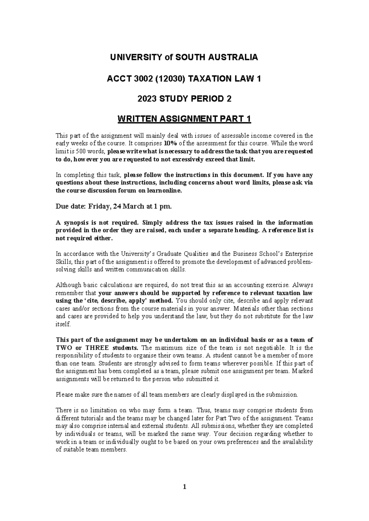 ACCT 3002 SP2-23 Taxation Law Written Assignment Part 1 Guide - Studocu