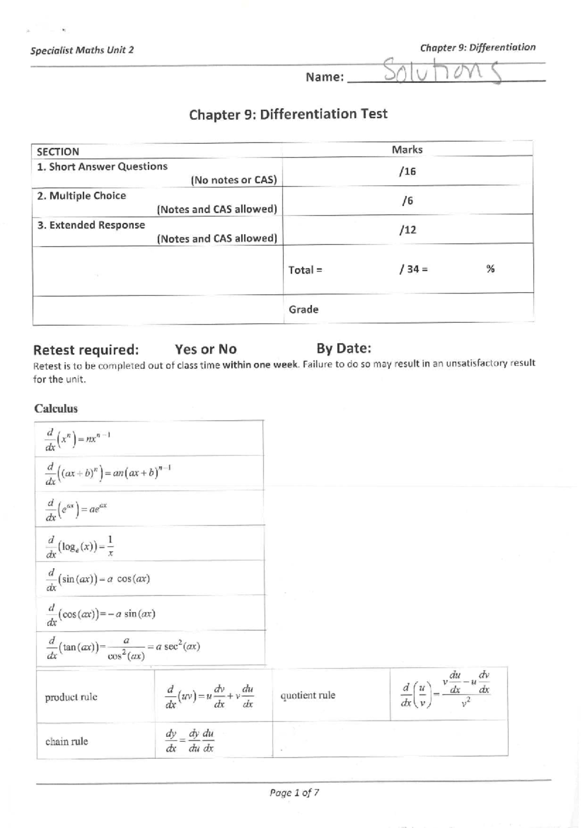 Specialist Maths Unit 2 Chapter 9: Differentiation Test Solutions 2024 ...