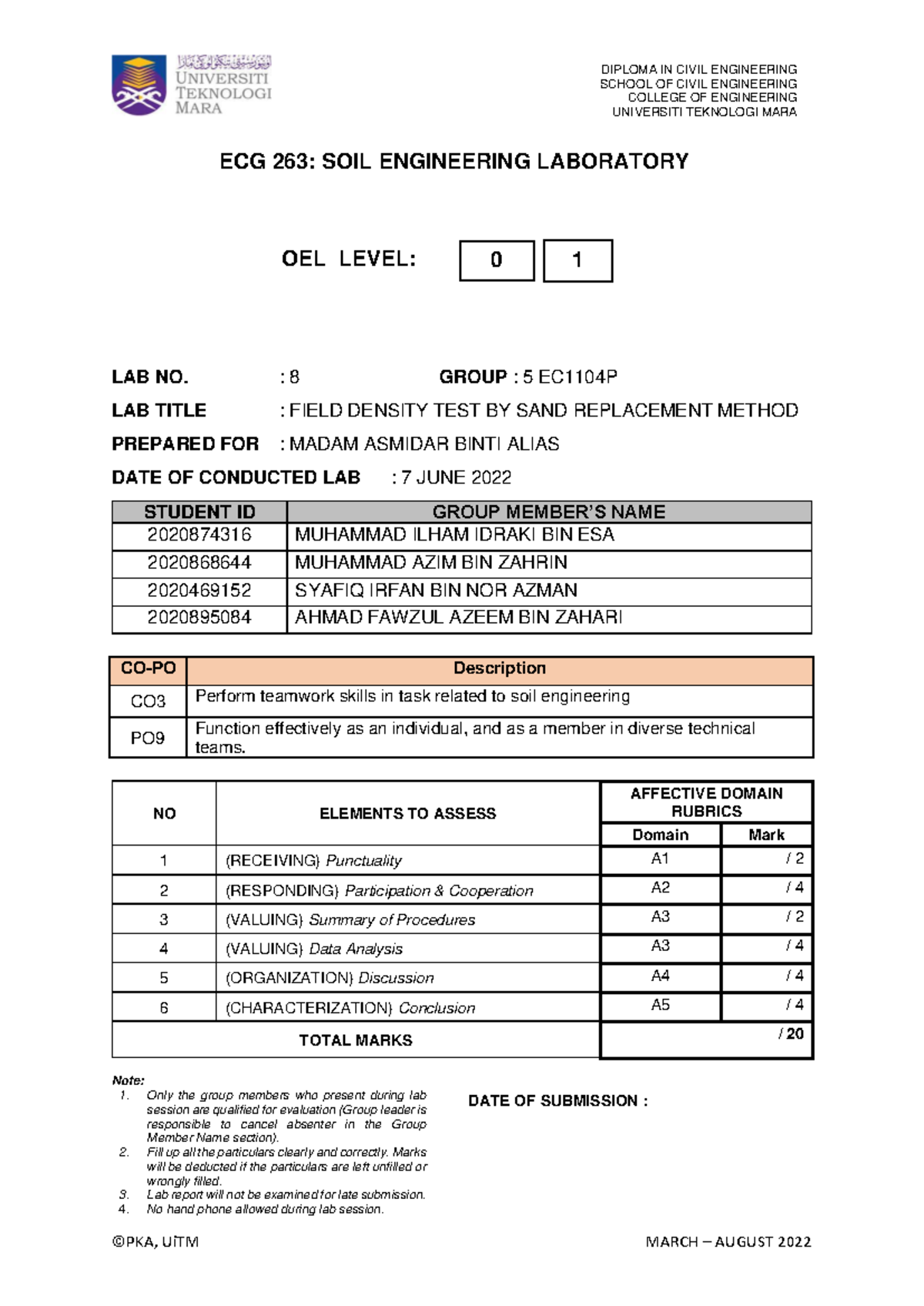 Field Density Test Report by Sand Replacement Method - ECG263 - Studocu