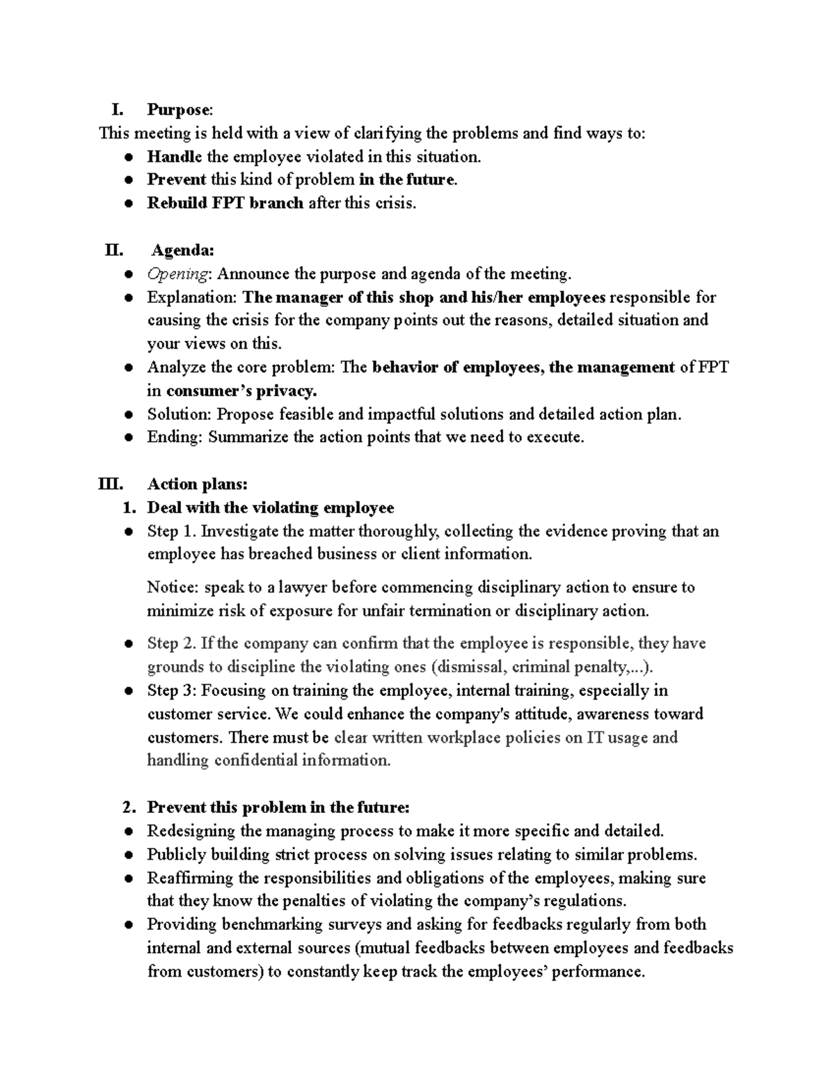 Action points. 3 Groups - I. Purpose : This meeting is held with a view ...