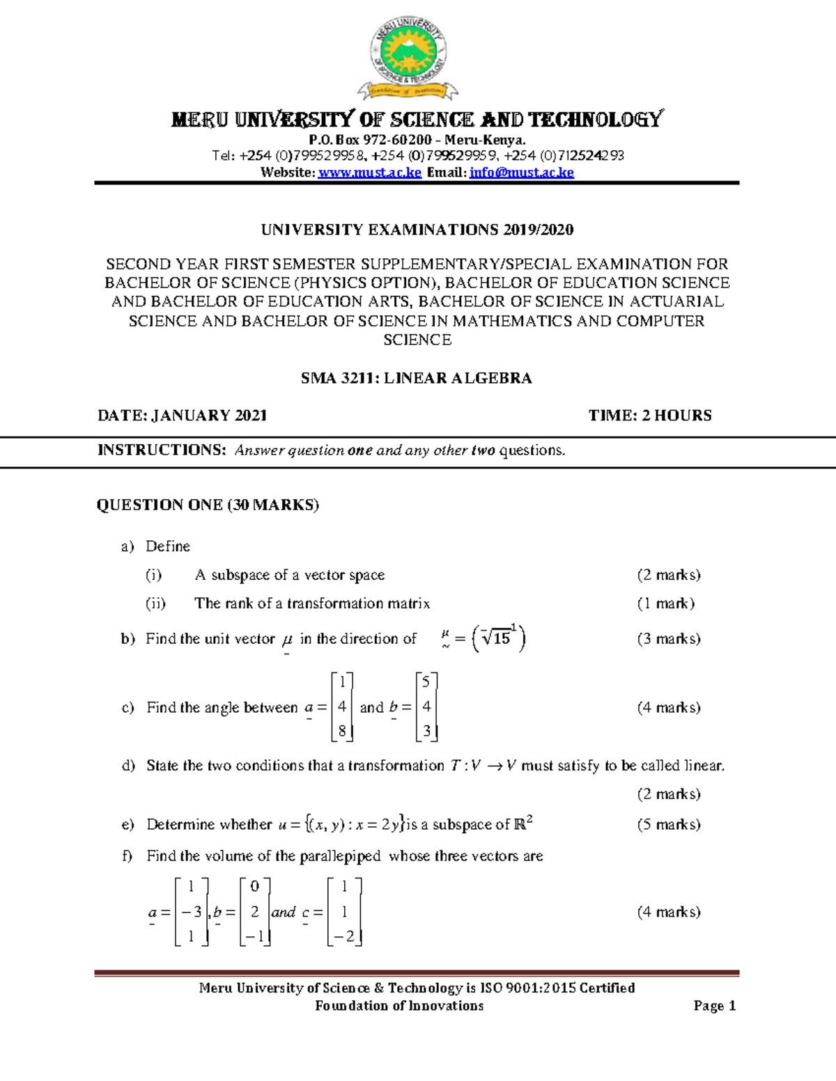 SMA 3211: Linear Algebra I - January 2021 Exam Paper - Studocu